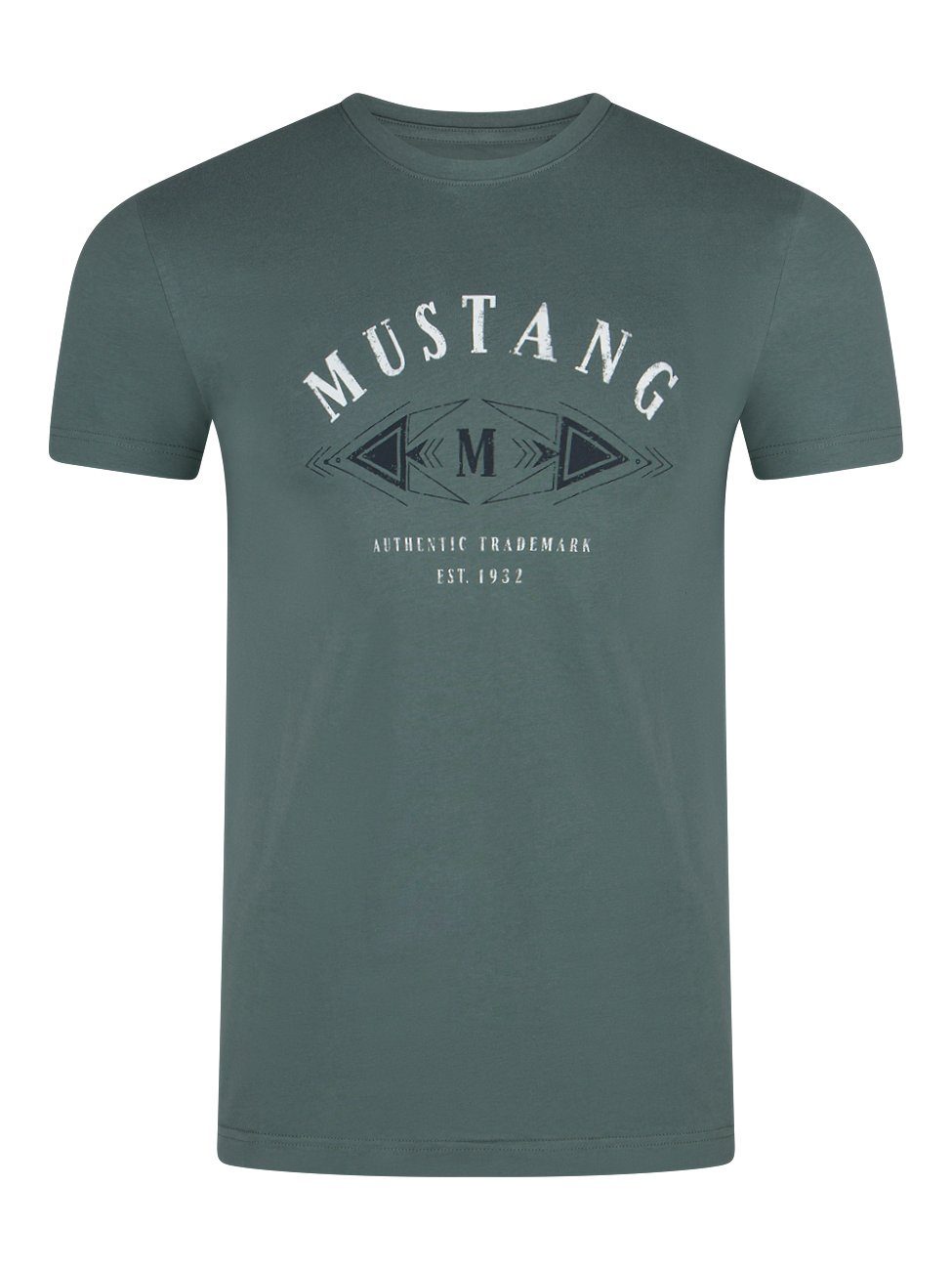 MUSTANG T-Shirt Herren Printshirt Regular Fit (1-tlg) Kurzarm Tee Shirt mit Rundhalsausschnitt aus 100% Baumwolle Balsam Green (1014005-6390)