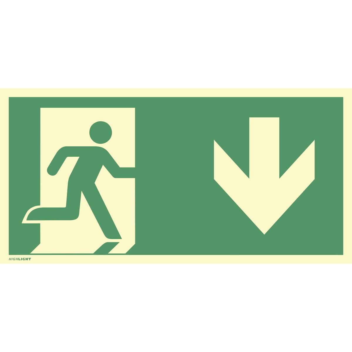 MOEDEL Hinweisschild Notausgang rechts Pfeil unten ISO 7010 Folie nachleucht. 160-mcd 297x1