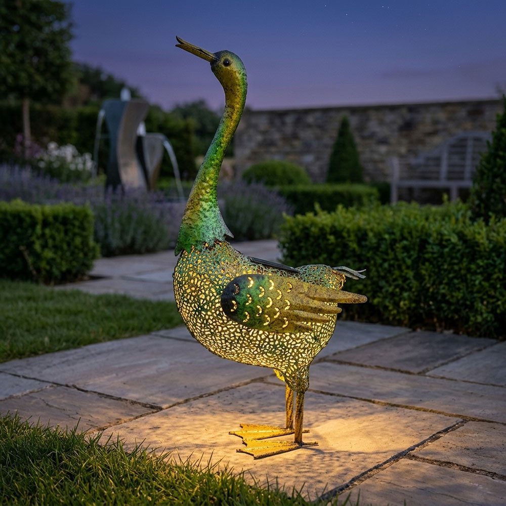 Harms Import LED Dekofigur, LED-Leuchtmittel fest verbaut, Neutralweiß, LED Solar Ente Gartenskulptur Außenbereich Gartendeko grün gelb H 63cm