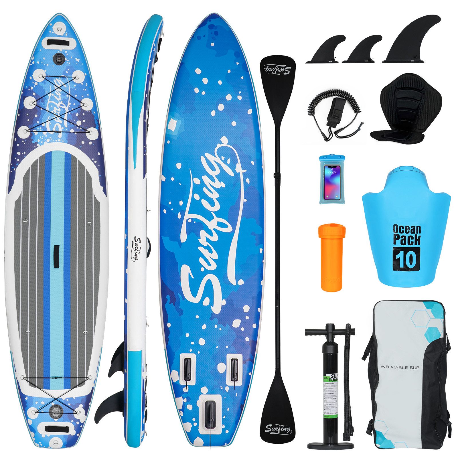 Puluomis Inflatable SUP-Board Set aufblasbar mit Halter, Sitz und Fußband, MB. bis 150Kg, 335/320cm, Surfbrett Paddling Paddelboard