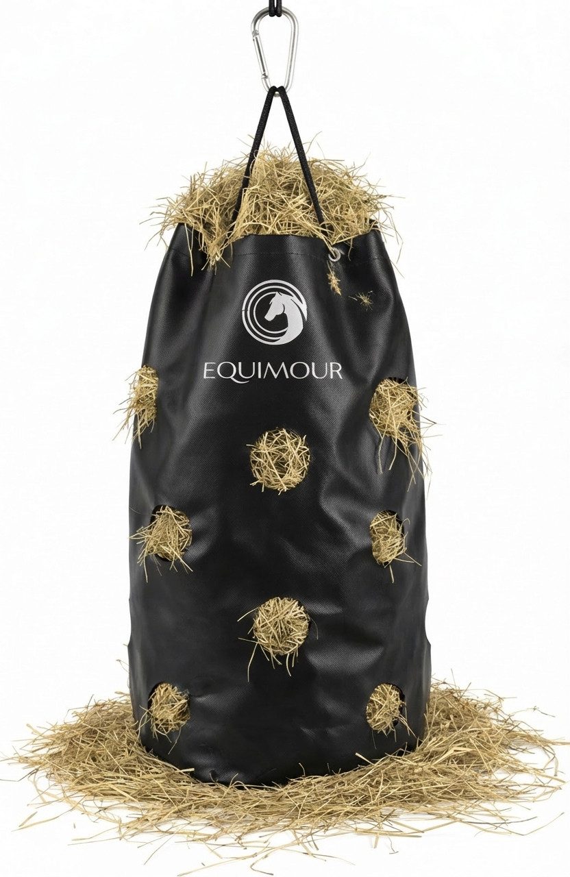 Equimour Heunetz Heusack 135 Liter mit 19 Fressöffnungen, Slow Feeder, 135L, robust, wetterfest, mit Karabiner von Equimour