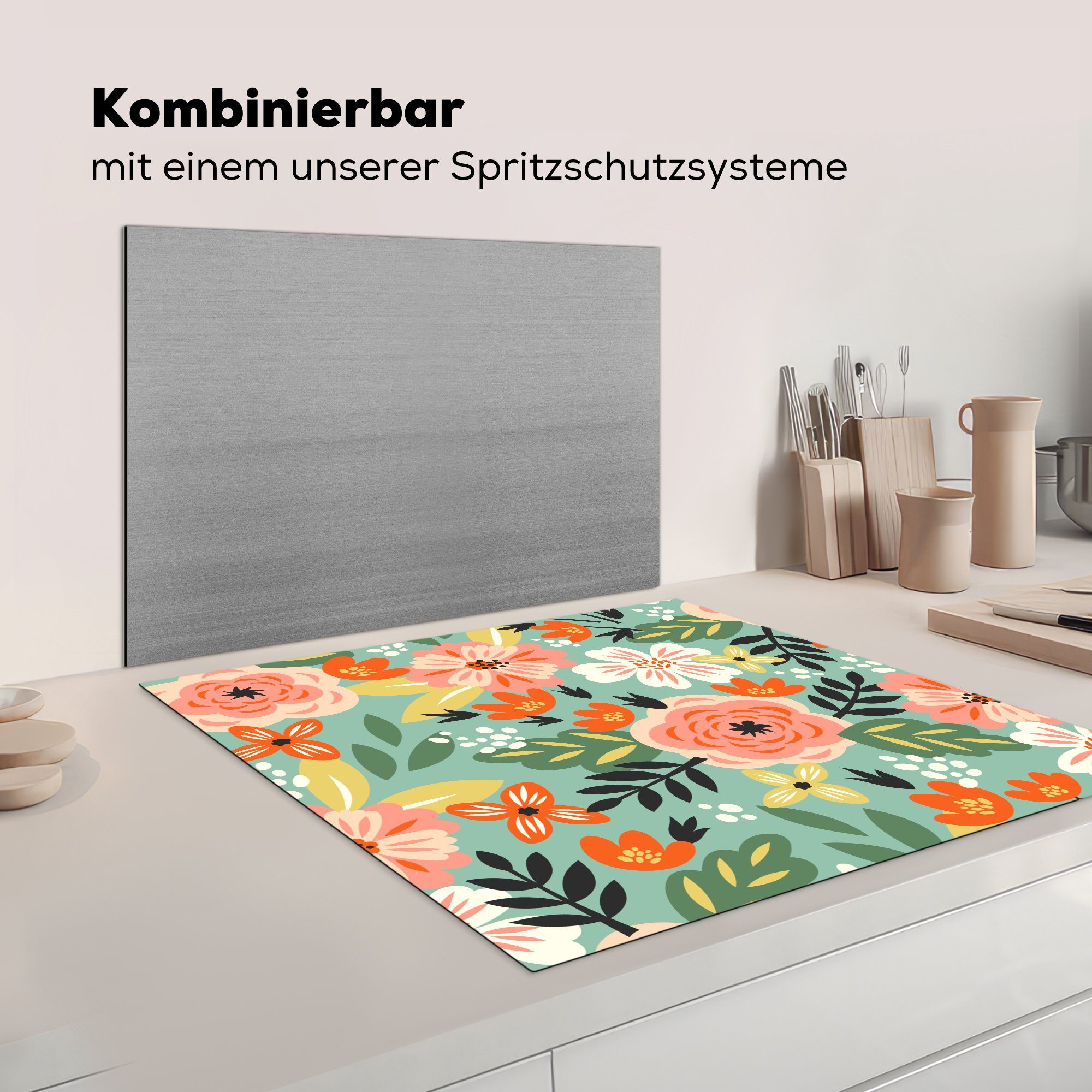 Ceranfeldabdeckung, Herdblende-/Abdeckplatte für Blumen cm, Vinyl, MuchoWow küche - (1 tlg), Illustration Muster, - Arbeitsplatte 78x78