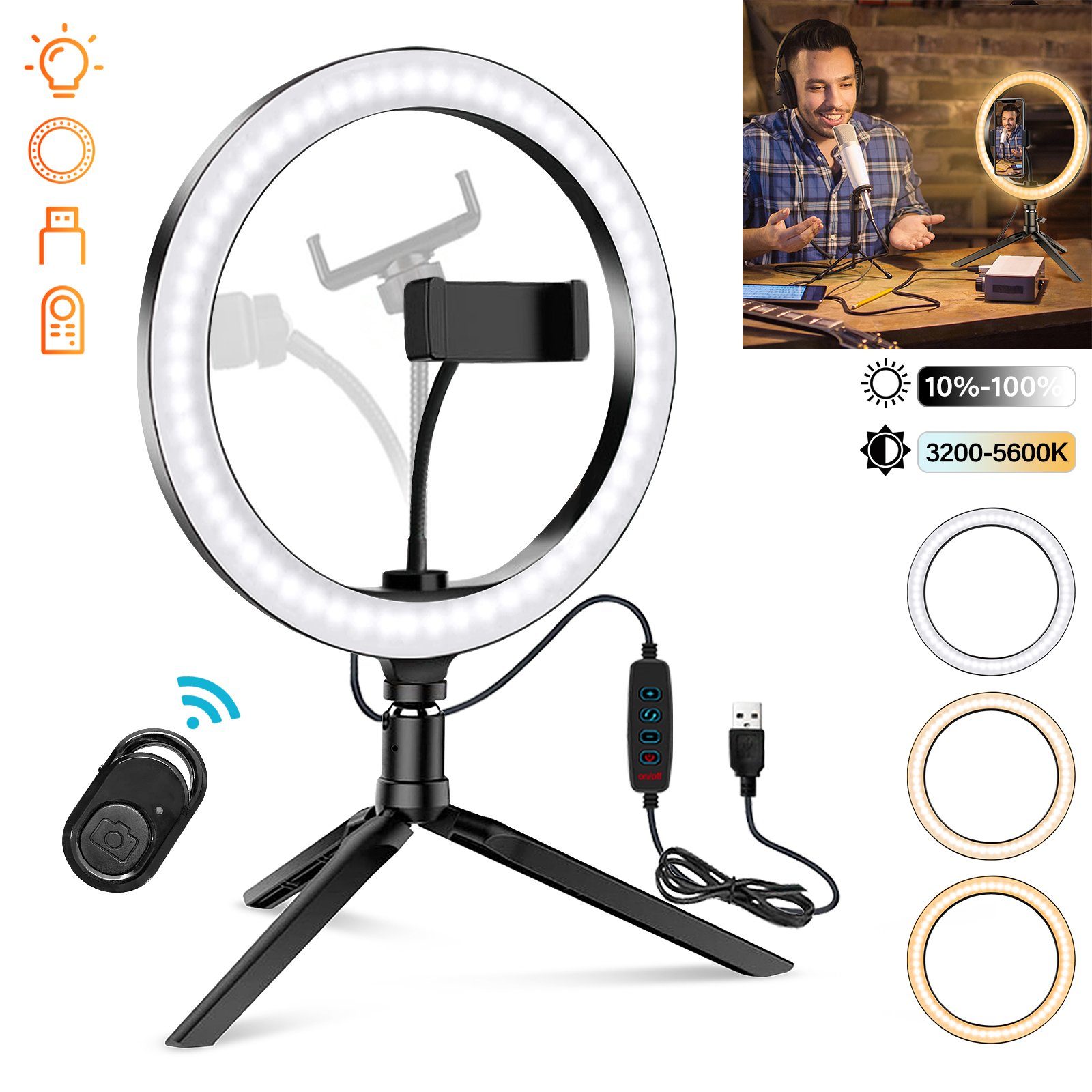 USB LED Ringlicht Ringleuchte Fotolicht Studiolicht Lampe Selfie Handy Stativ DE 