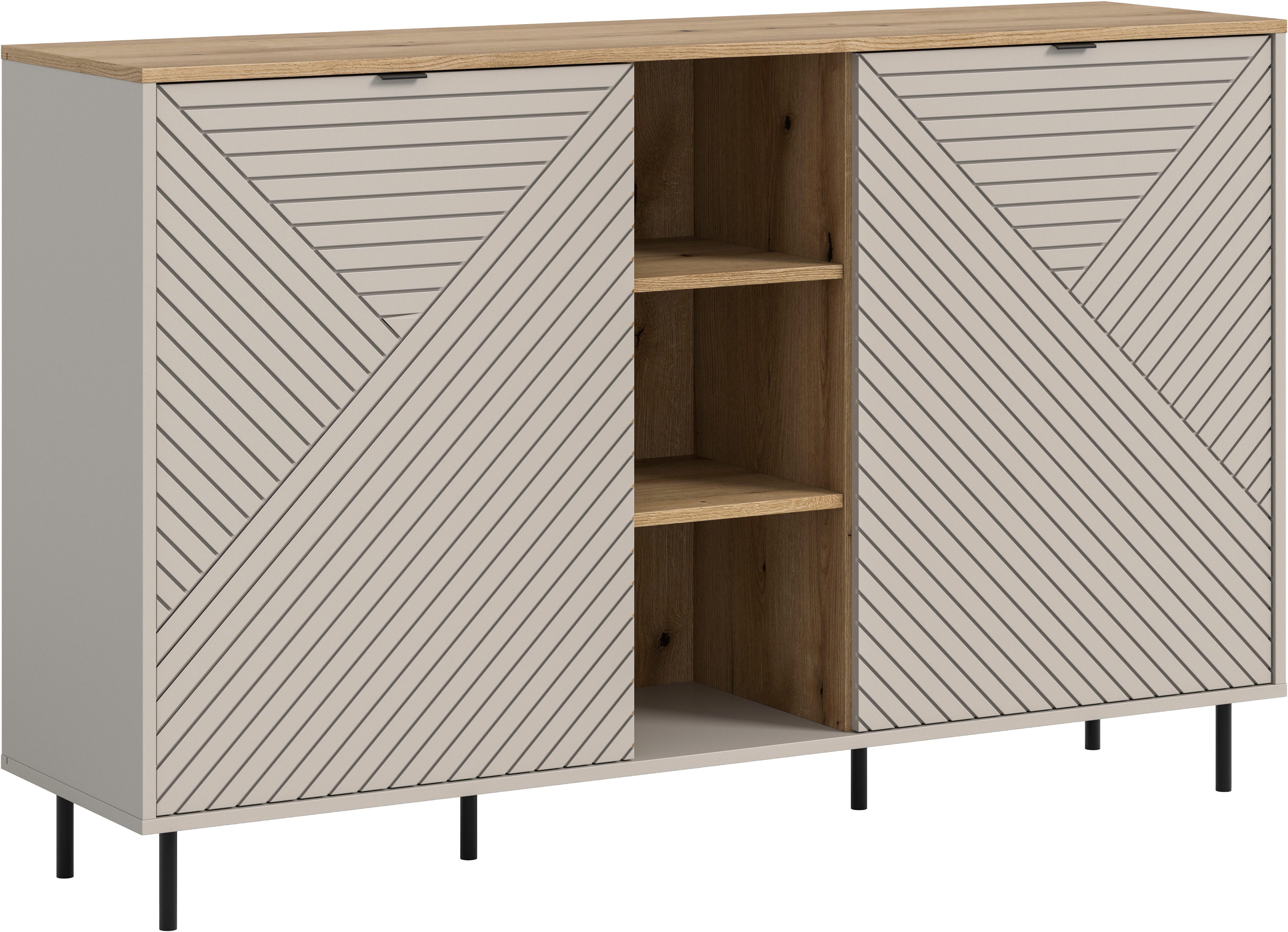 Home affaire Sideboard RAITA, Breite 154 cm, Front mit Desgin-Fräsung, 2 Türen, viel Stauraum (moderne Farbkombi, individuell einsetzbar, Griffe & Füße aus Metall), Kommode, Anrichte, Schrank, Highboard, TV-Board