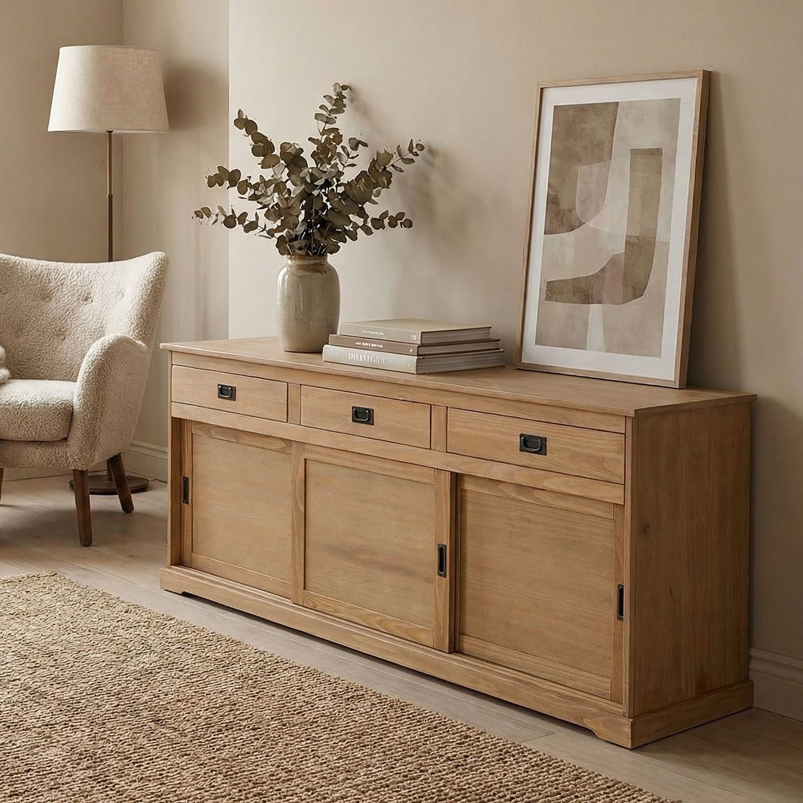 IDIMEX Sideboard SAVONA, Sideboard SAVONA, Kommode, Kiefer massiv, mit 3 Türen Schubladen, Buff