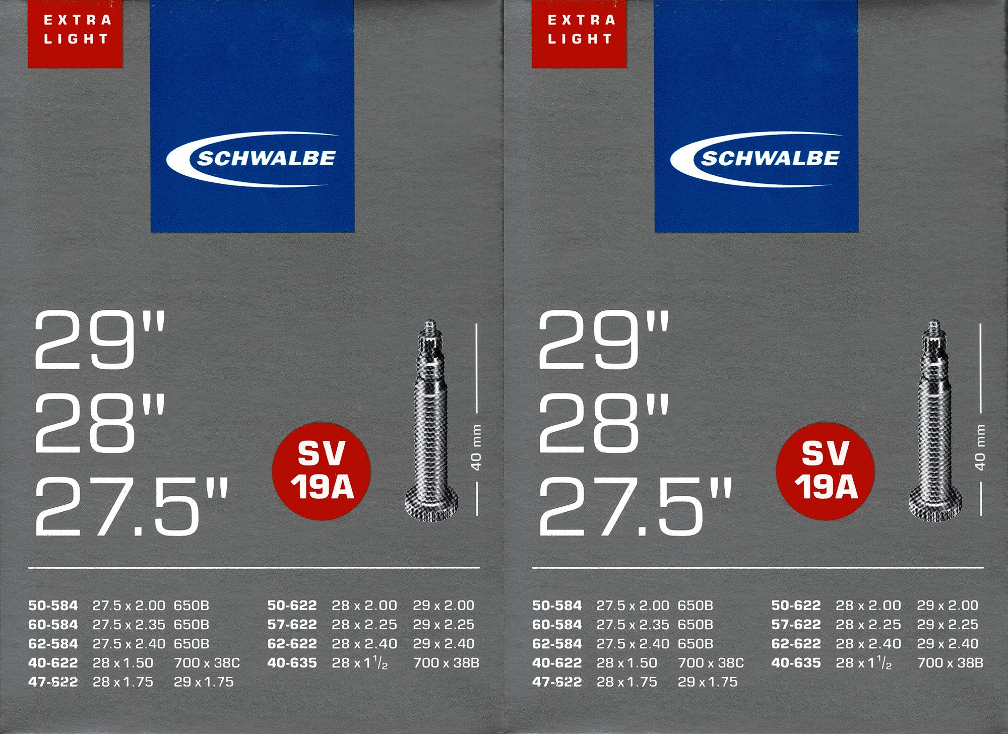 Fahrradschlauch 2x Schwalbe SV 19A 29 Zoll Extra Light Schlauch Sclaverand Ventil