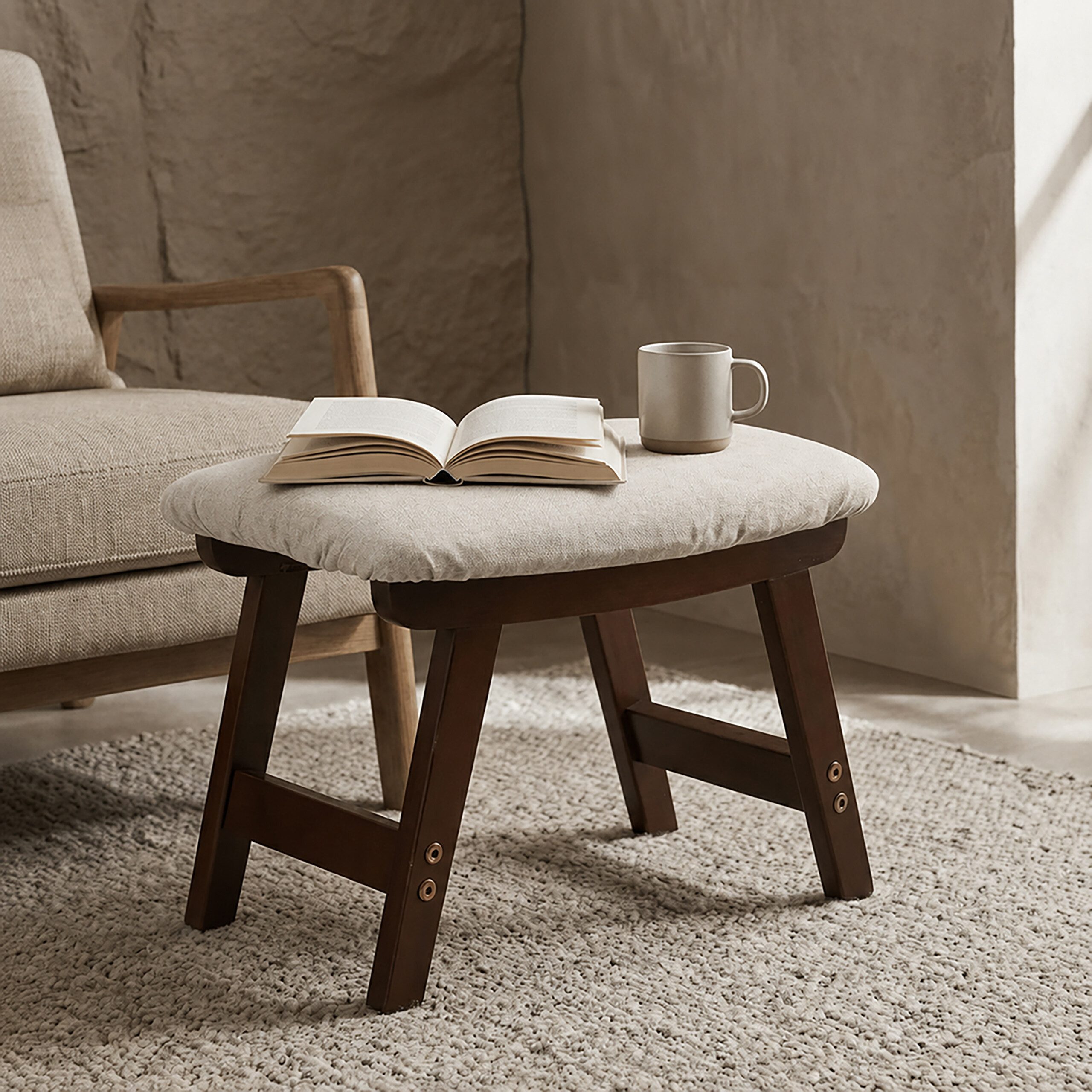 relaxdays Fußhocker Holz & Stoff (1 St), Beige – Bild 3 von 5