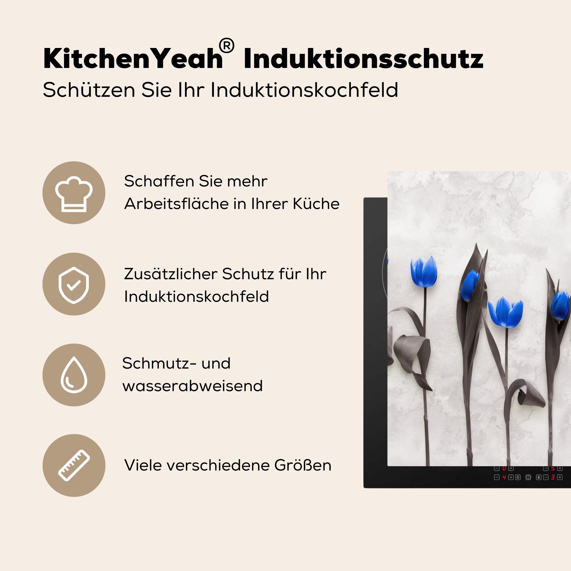 Ceranfeldabdeckung MuchoWow die 59x52 Blau, - Induktionsmatte tlg), Vinyl, Blumen Tulpen für küche, cm, - (1 Herdblende-/Abdeckplatte