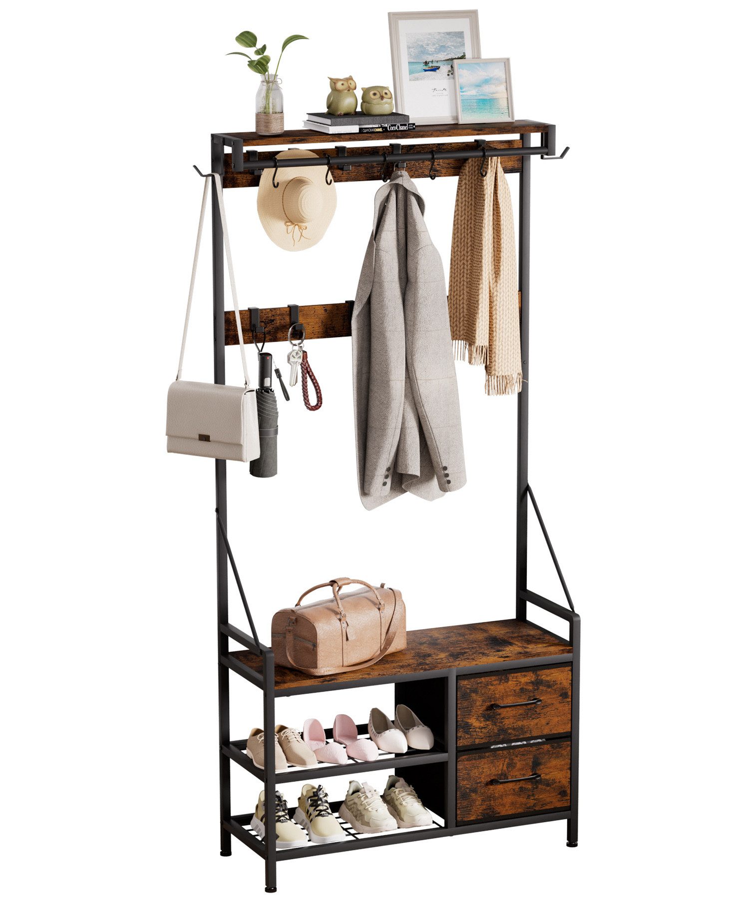 Yorbay Kleiderständer Garderobenständer mit Schuhregal & Sitzbank – 17 Haken, 2 Schuhreihen, (80x30x180 cm), 2 Stoffschubladen,Flurgarderobe für Diele, Wohnzimmer