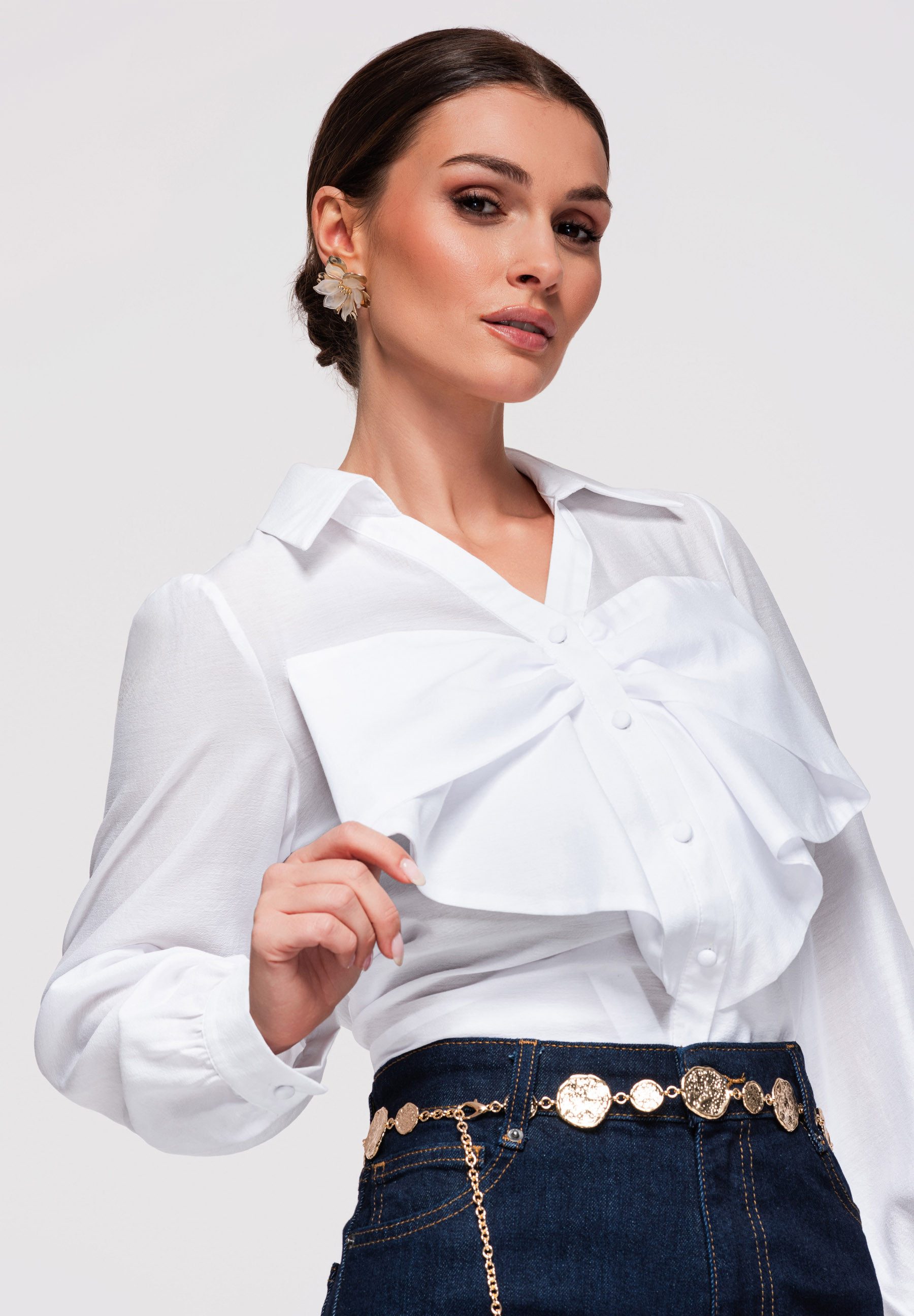 OMBRE Hemdbluse Damen Bluse mit Rüschen Klassische Hemdbluse white L (kein Set, 1-tlg) Kaskadenartige Rüsche vorne