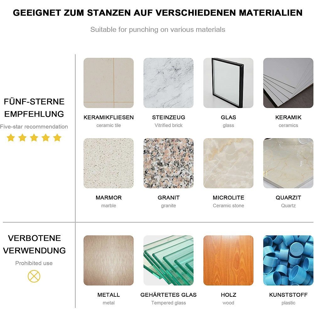 Melko Diamanttrockenbohrer Diamantbohrer Diamantbohrkrone M14 Nass+Trocken 6-120 mm Fliesenbohrer, Ø 6 mm, Stück, durch schräges Ansetzen, wird keine zusätzliche Anbohrhilfe benötigt