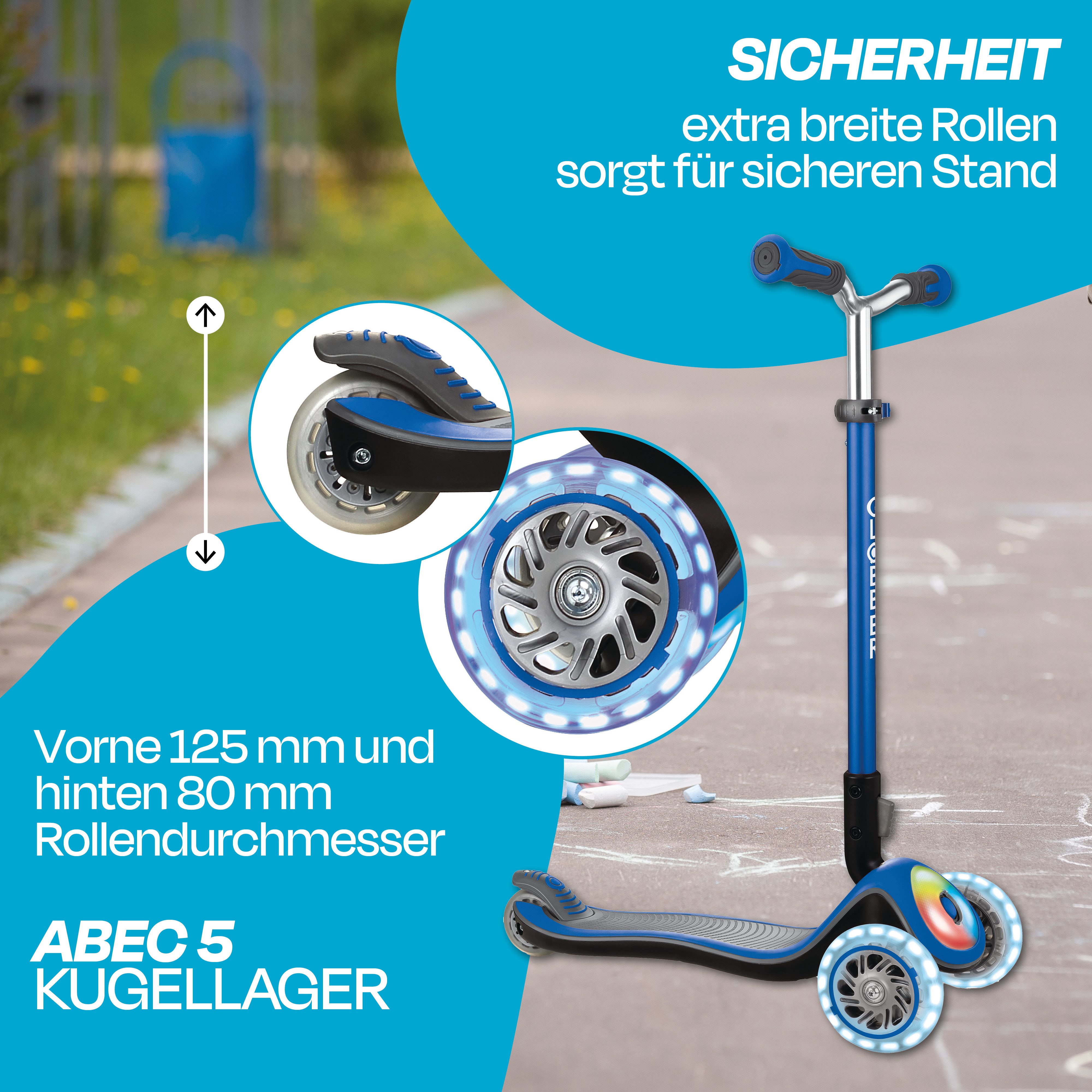 Globber Dreiradscooter Elite Prime – Tretroller 125/80 mm, ABEC 5, LED-Rollen, Leuchtdeck