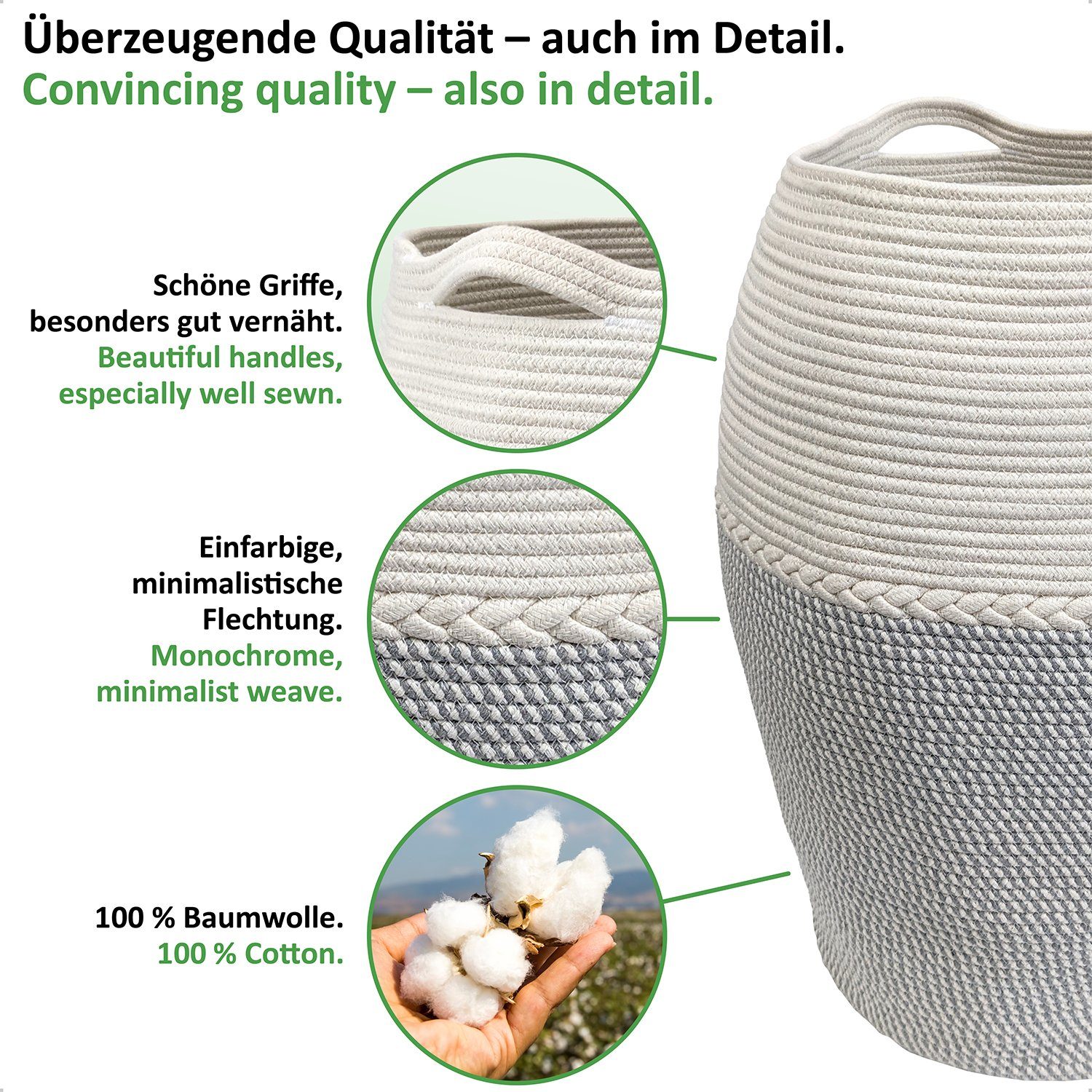 WIESEN.design Wäschekorb Jamila Ø46/39xH65cm 105L, 100% Baumwolle, Aufbewahrung geflochten, inkl. großem Waschsack und schwerem Wäschesack, gratis Versand – Bild 3 von 5