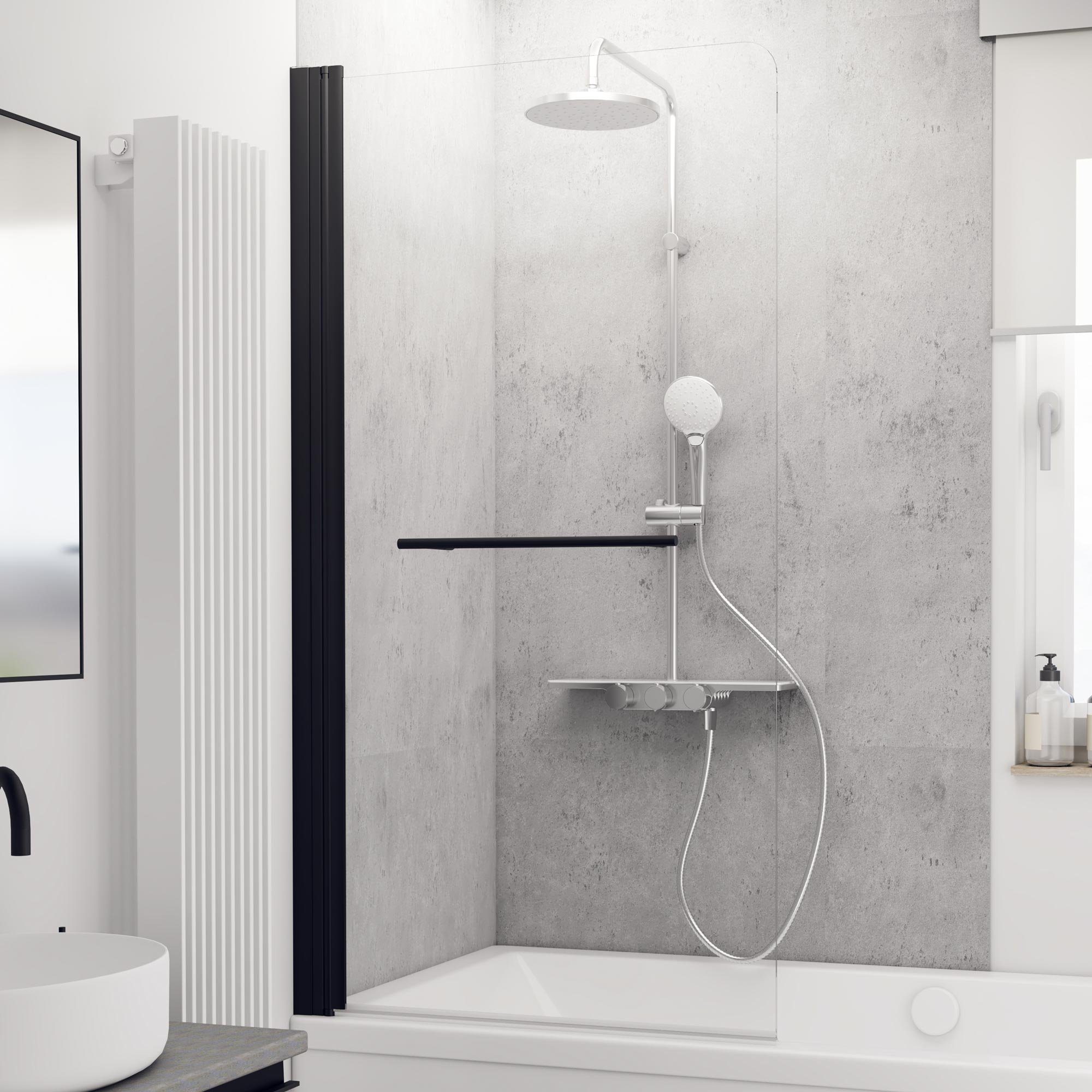 Schulte Badewannenfaltwand New Style, Sicherheitsglas, (1 tlg), Klar Hell, 80 x 150 cm, mit Handtuchhalter, Profil Mattschwarz