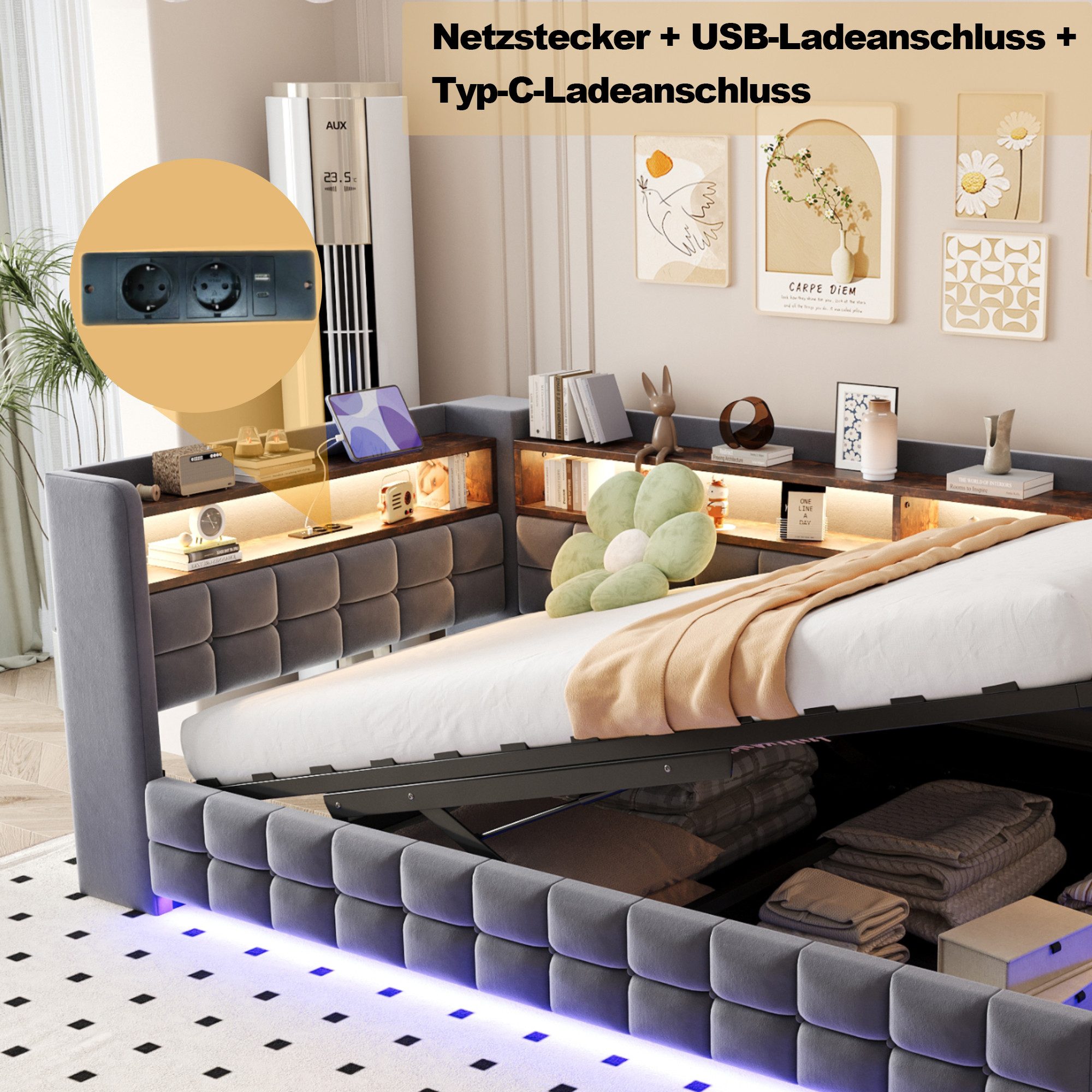 Merax Daybett mit LED-Beleuchtung und USB-Ladeanschlüssen (Jugendbett Kinderbett Einzelbett Sofabett aus Samtstoff, 1 tlg), Polsterbett Tagesbett 90x200cm mit h – Bild 5 von 5
