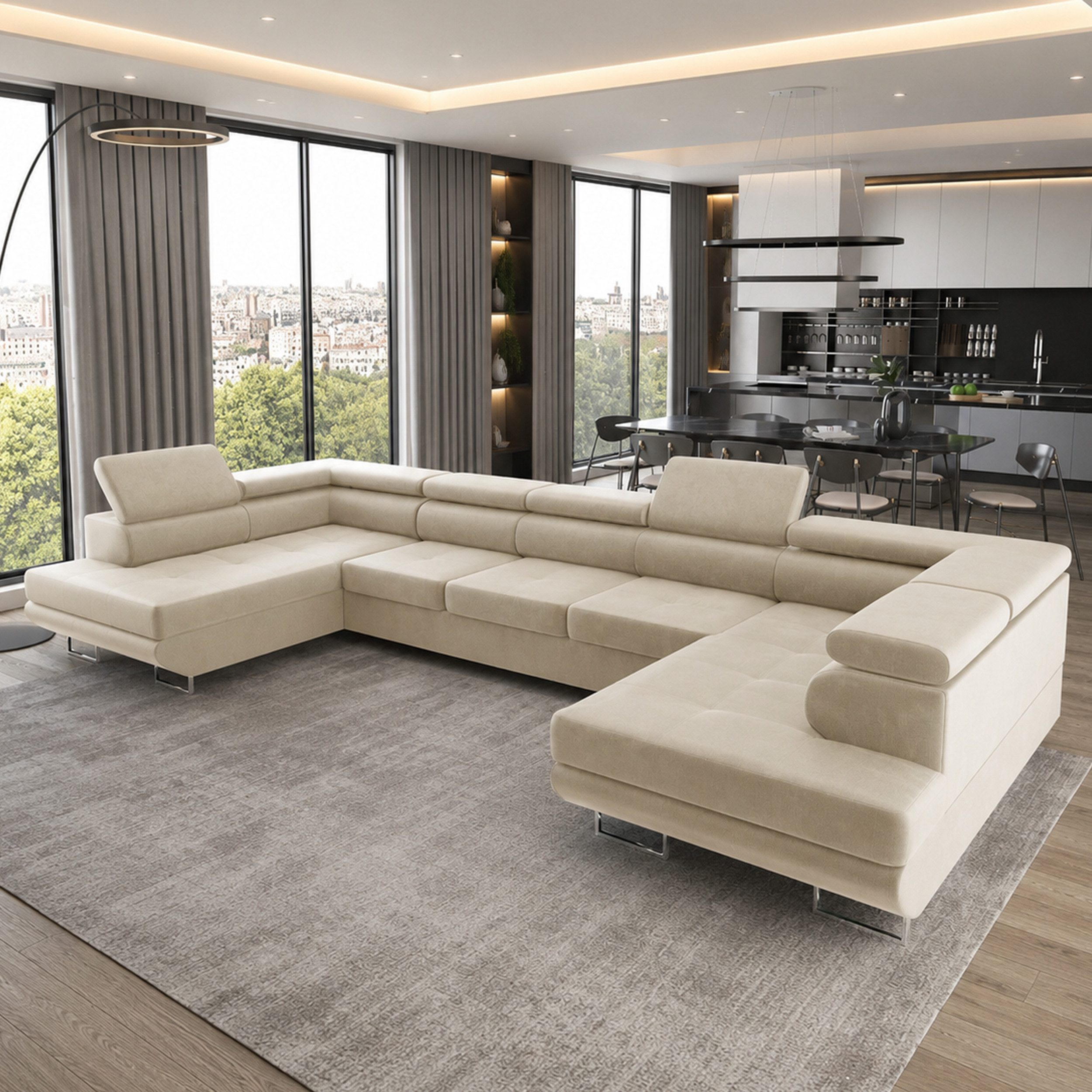 Goldstoff Wohnlandschaft "ASTON" U Form mit Schlaffunktion XXL Couch Sofa, Komfortable U Form Couch mit Bettkasten und Schlaffunktion 1 Teile, U Form Sofa mit Bettkasten moderne Wohnlandschaft Couch XXL