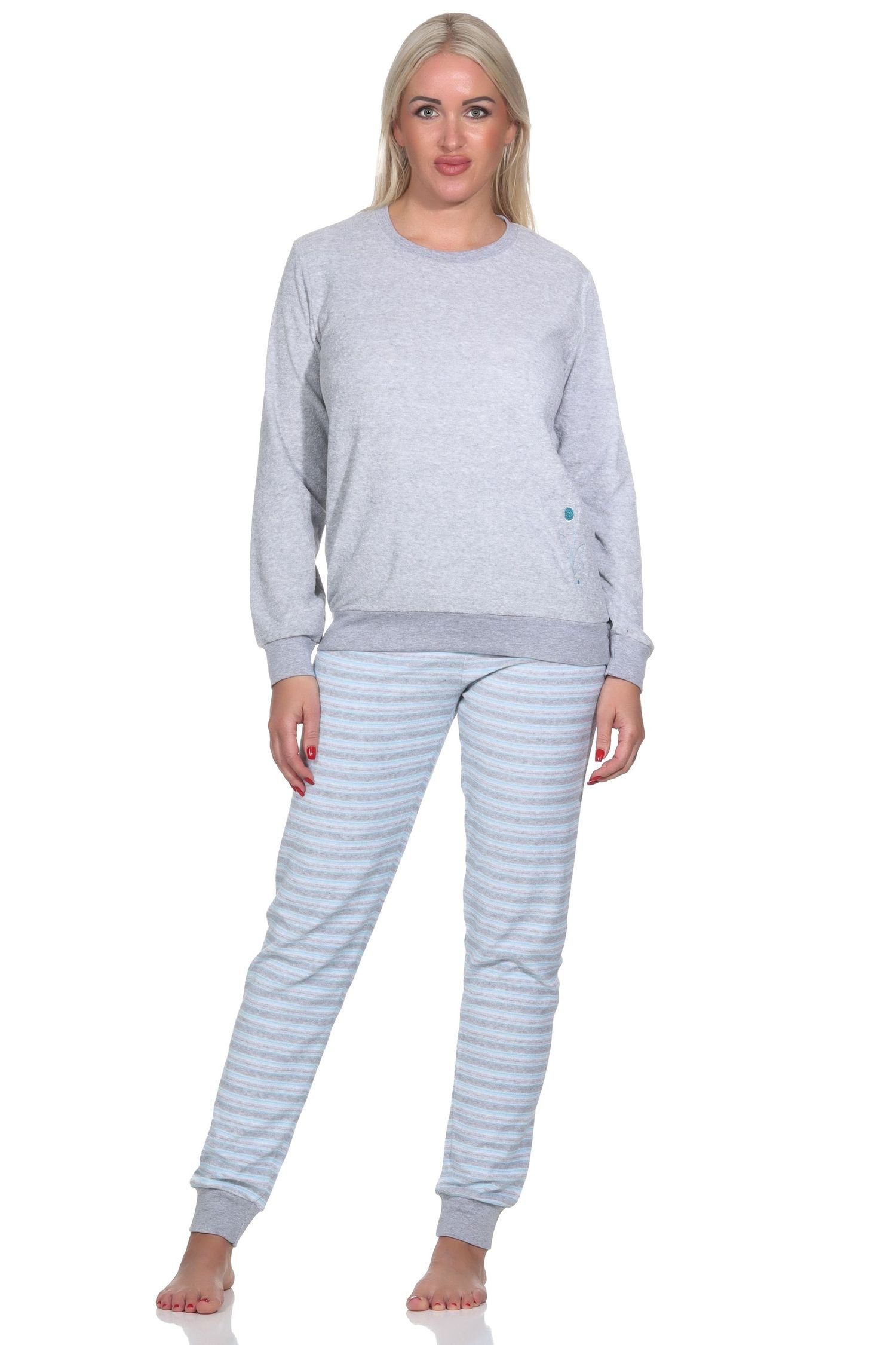 Normann Pyjama Damen Frottee Schlafanzug lang mit Bündchen und floraler Applikation hellblau