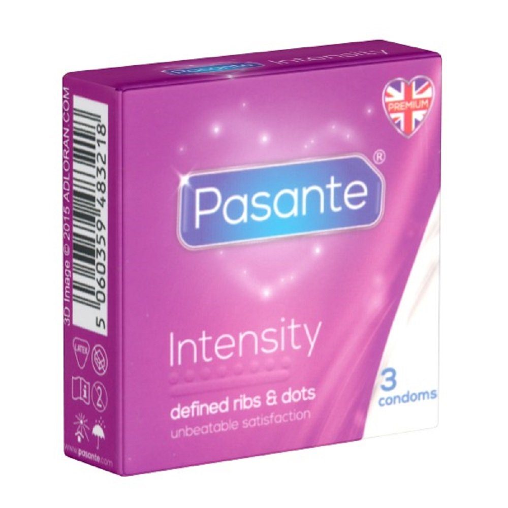 Pasante Kondome Pasante «Intensity» (Ribs & Dots) erregungsintensive Kondome mit Rillen und Noppen Packung mit, 3 St., anatomische Form, gerippt und genoppt für mehr Stimulation