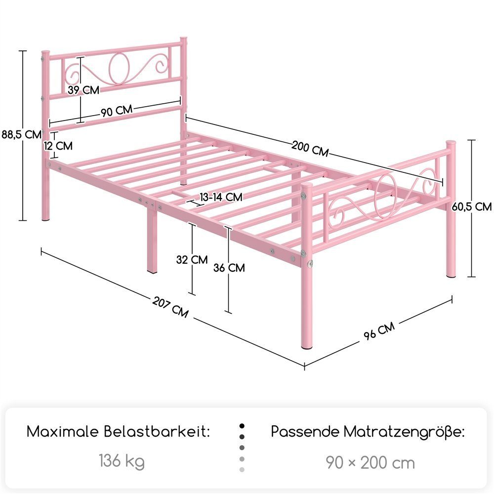 Einzelbett/Doppelbett Bettgestell Metallbettrahmen Metallbett, Yaheetech rosa