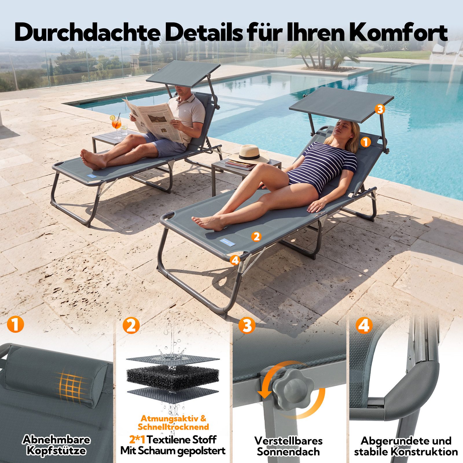 HOMECALL Gartenliege Sonnenliege AluLiege Liegestuhl Strandliege Liegen wetterfest, klappbar, Textilene Mit Dickemschnelltrocknende Schaumstoffpolsterung, Verst – Bild 5 von 5