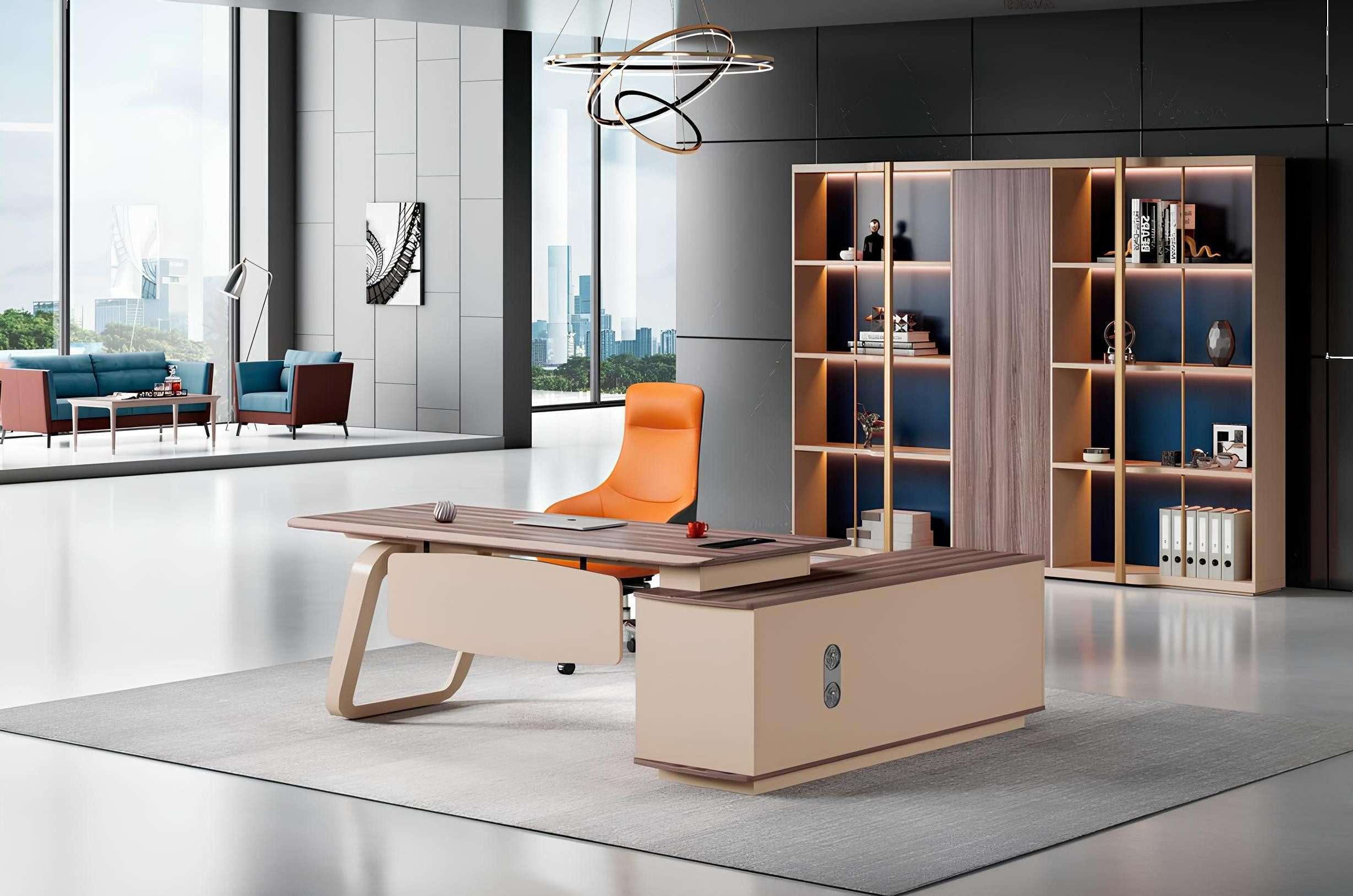 Xlmoebel Schreibtisch Büromöbel Set aus beigem Holz mit L-förmigem Tisch und Schrank (Büromöbel Set, Bürotisch + Schrank), Hergestellt in Europa