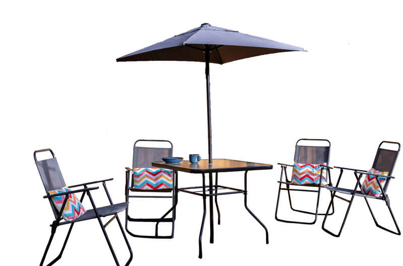 ONDIS24 Sitzgruppe Gartenmöbel Gartengarnitur Balkonmöbel Terrassenmöbel Set, (6-tlg), UV- und witterungsbeständig, inklusive Tisch und Sonnenschirm