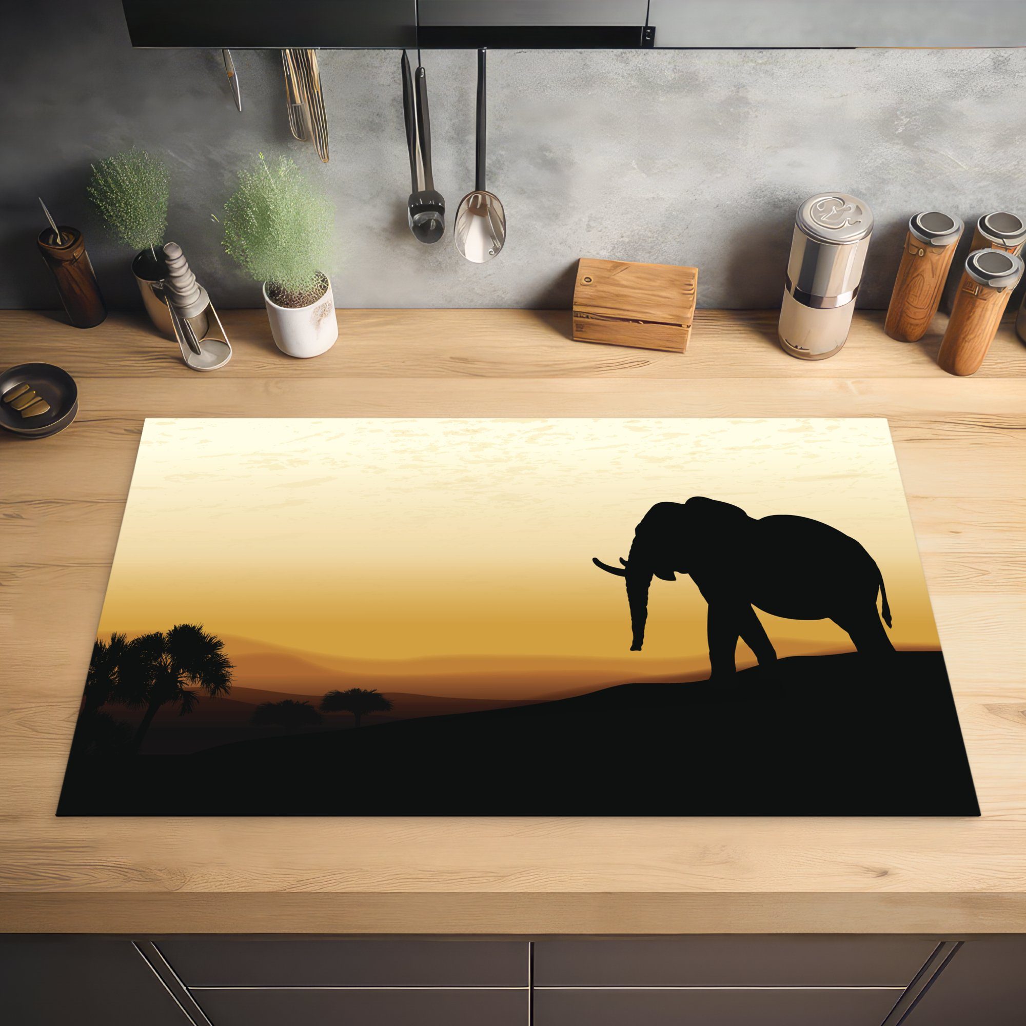 Elefanten afrikanischen küche tlg), MuchoWow Illustration Arbeitsplatte (1 Eine bei cm, Vinyl, für Herdblende-/Abdeckplatte Ceranfeldabdeckung, eines 83x51 Sonnenuntergang,