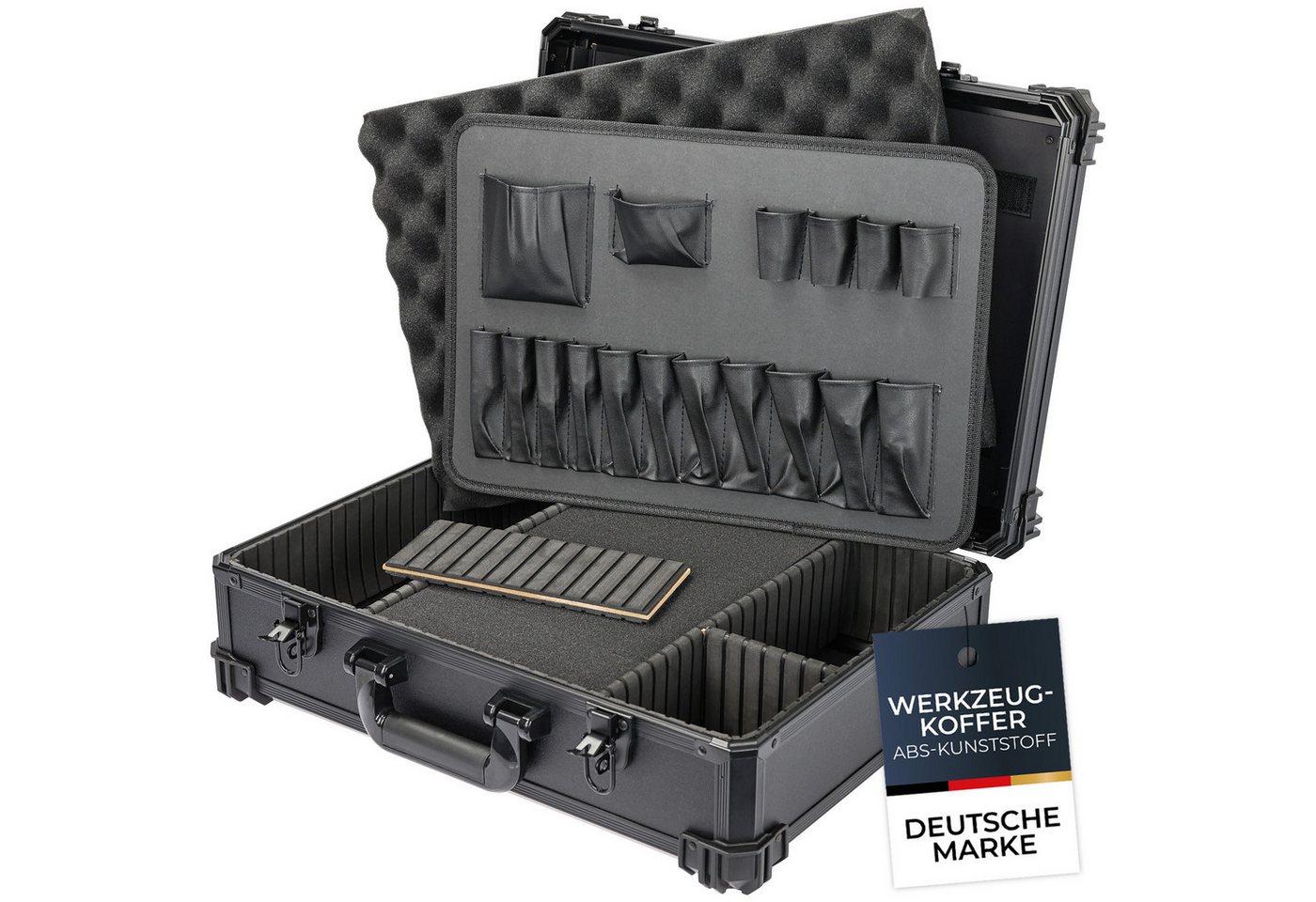 HMF Werkzeugkoffer Werkzeugkoffer leer, Werkzeugkasten mit Noppenschaumstoff im Deckel, Rasterschaumstoff, 17 Einsteckfächer, 5 Trennwände