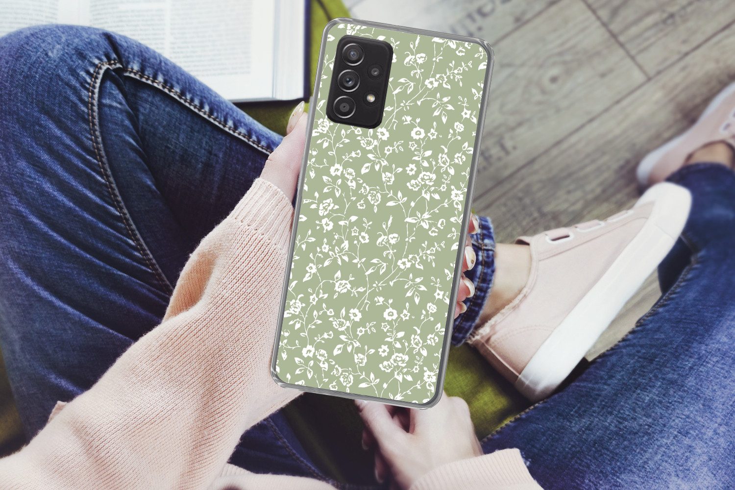 MuchoWow Handyhülle für Samsung Galaxy A33 5G Blumen - Druck - Grün - Weiß, Smartphone-Bumper, Print, Handy Schutzhülle Dünn