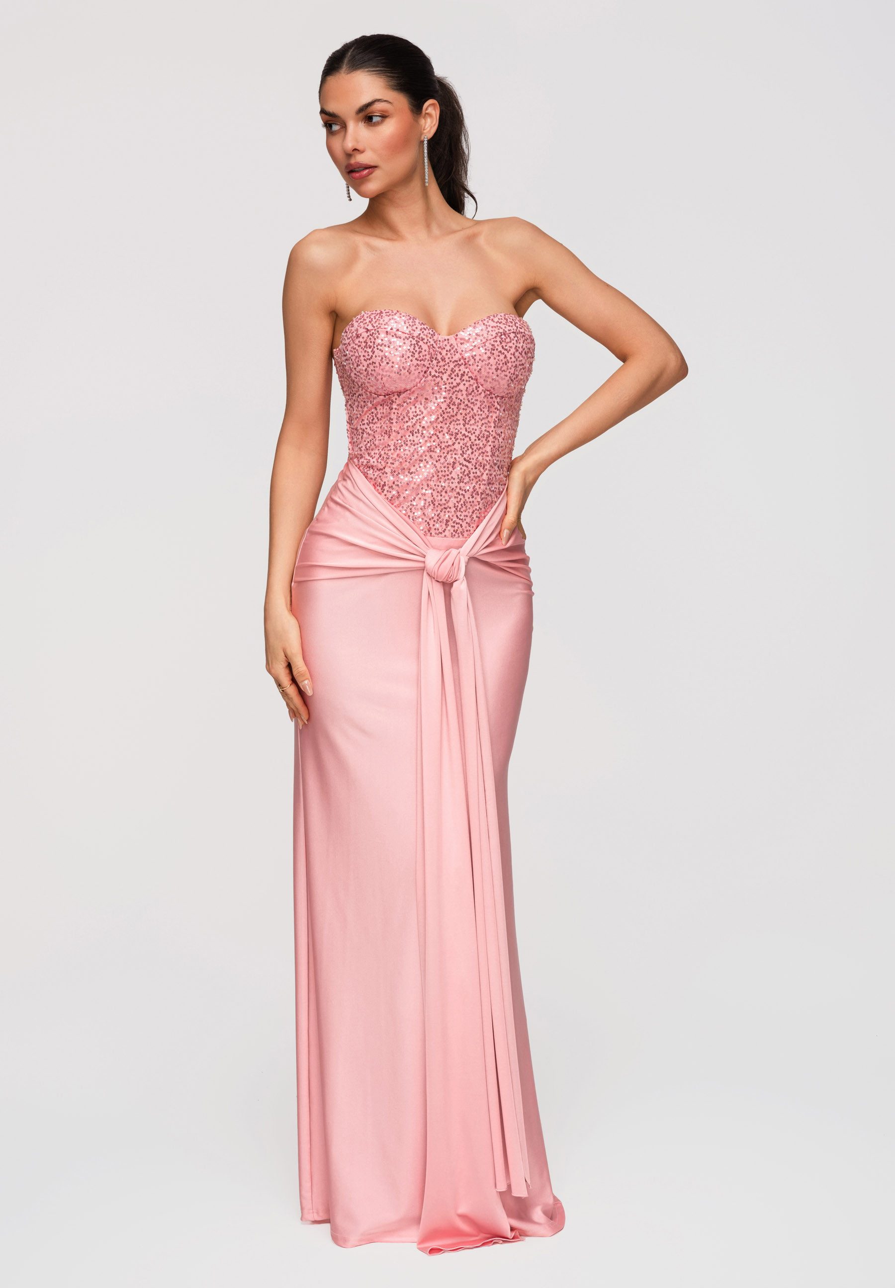 OMBRE Abendkleid Maxikleid mit Pailletten und Korsett-Optik Pink S (kein Set, 1-tlg) Drapierter Bund mit Knoten