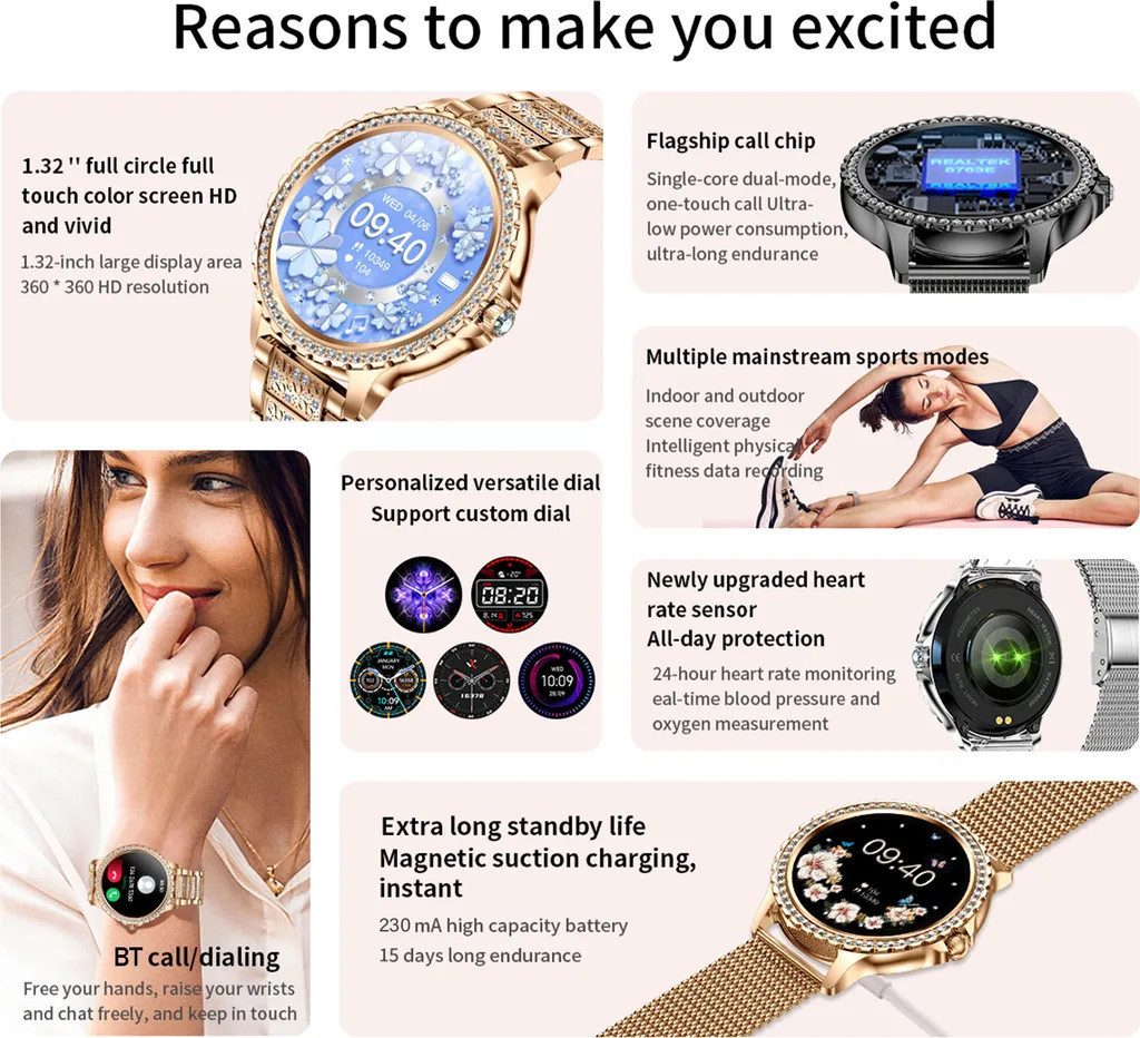 Lige Smartwatch Damen mit Metallband, 1.32 Zoll Fitnessuhr Telefonfunktion Smartwatch, Herzfrequenz Schlafmonitor, IP67 Wasserdicht Schrittzähler