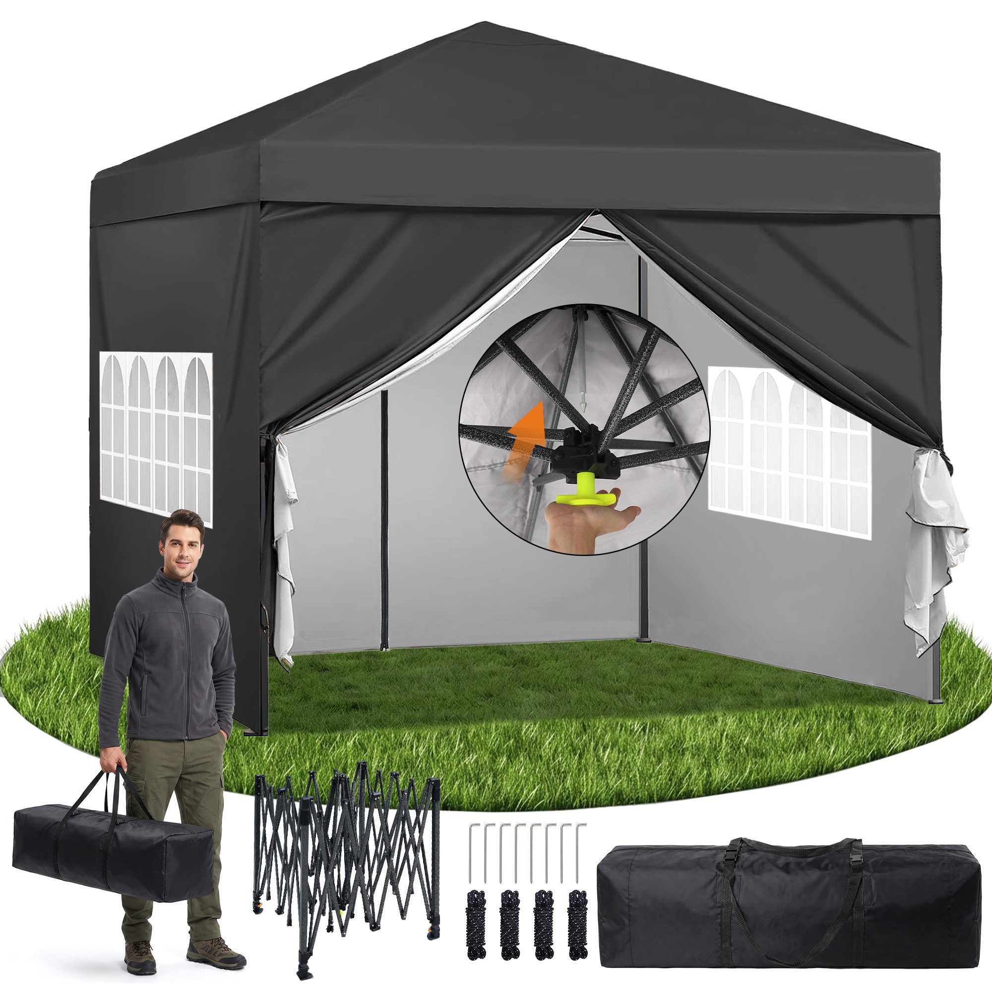 DAITORE Faltpavillon 3x3 m Gartenpavillon mit 4 Seitenteilen Höhenverstellbar, mit 4 Seitenteilen, Wasserdicht, Pop-Up, 3 Stufen höhenverstellbar, 4 Seitenteile