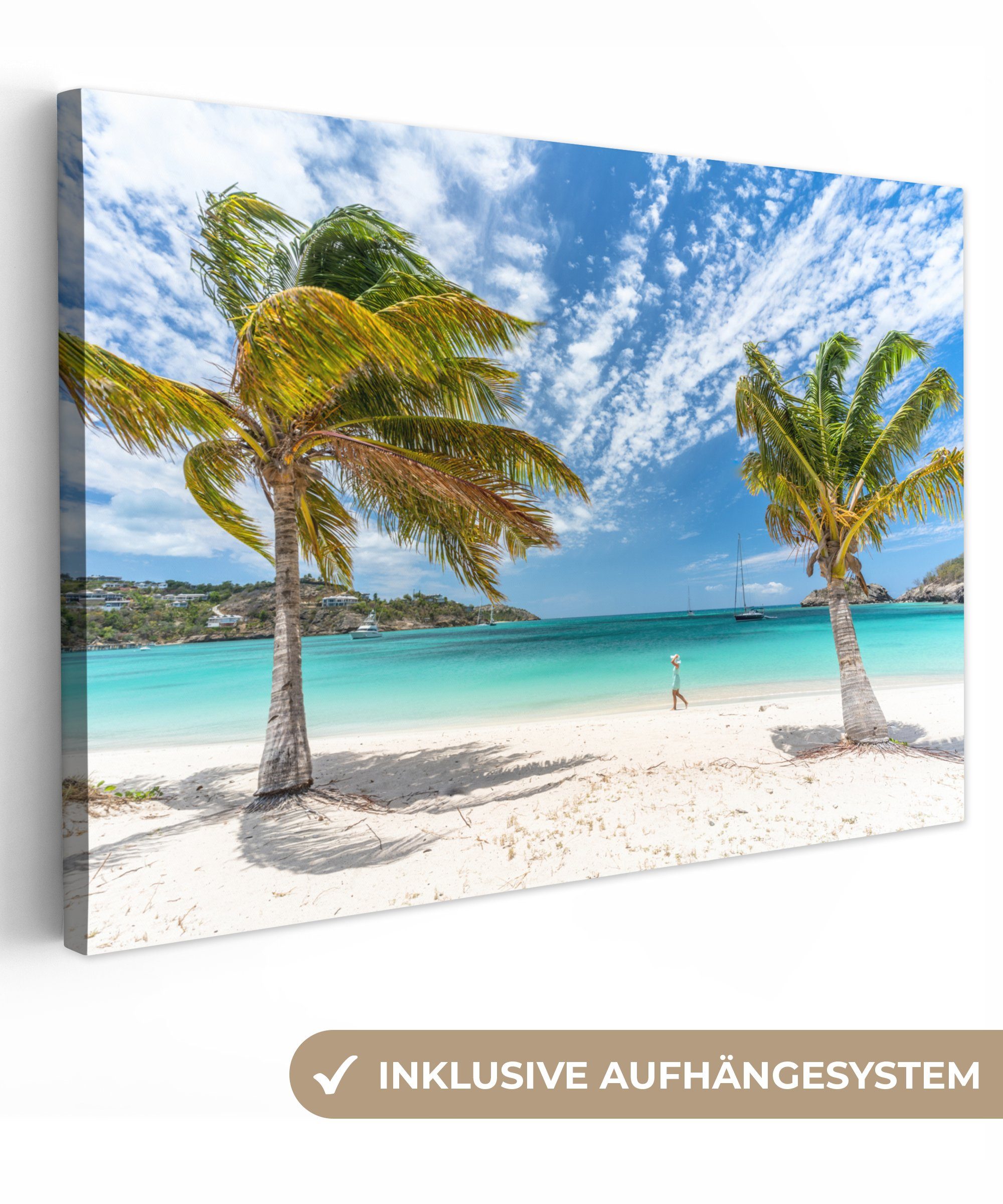 OneMillionCanvasses® Leinwandbild Strand - Palmen - Wolken, (1 St), Wandbild Leinwandbilder, Aufhängefertig, Wanddeko, 30x20 cm