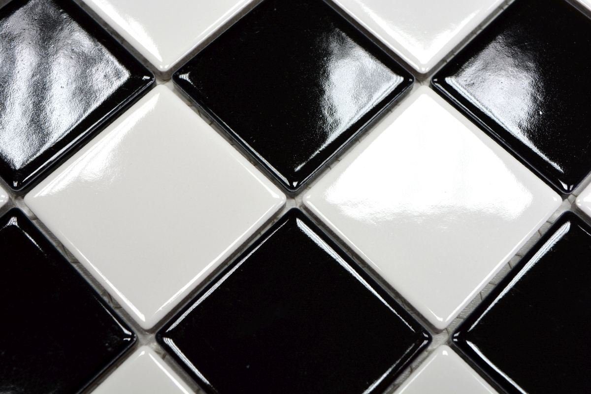 weiß schwarz Fliese Mosani Mosaikfliesen Schachbrett glänzend Fliesenspiegel Keramik Mosaik
