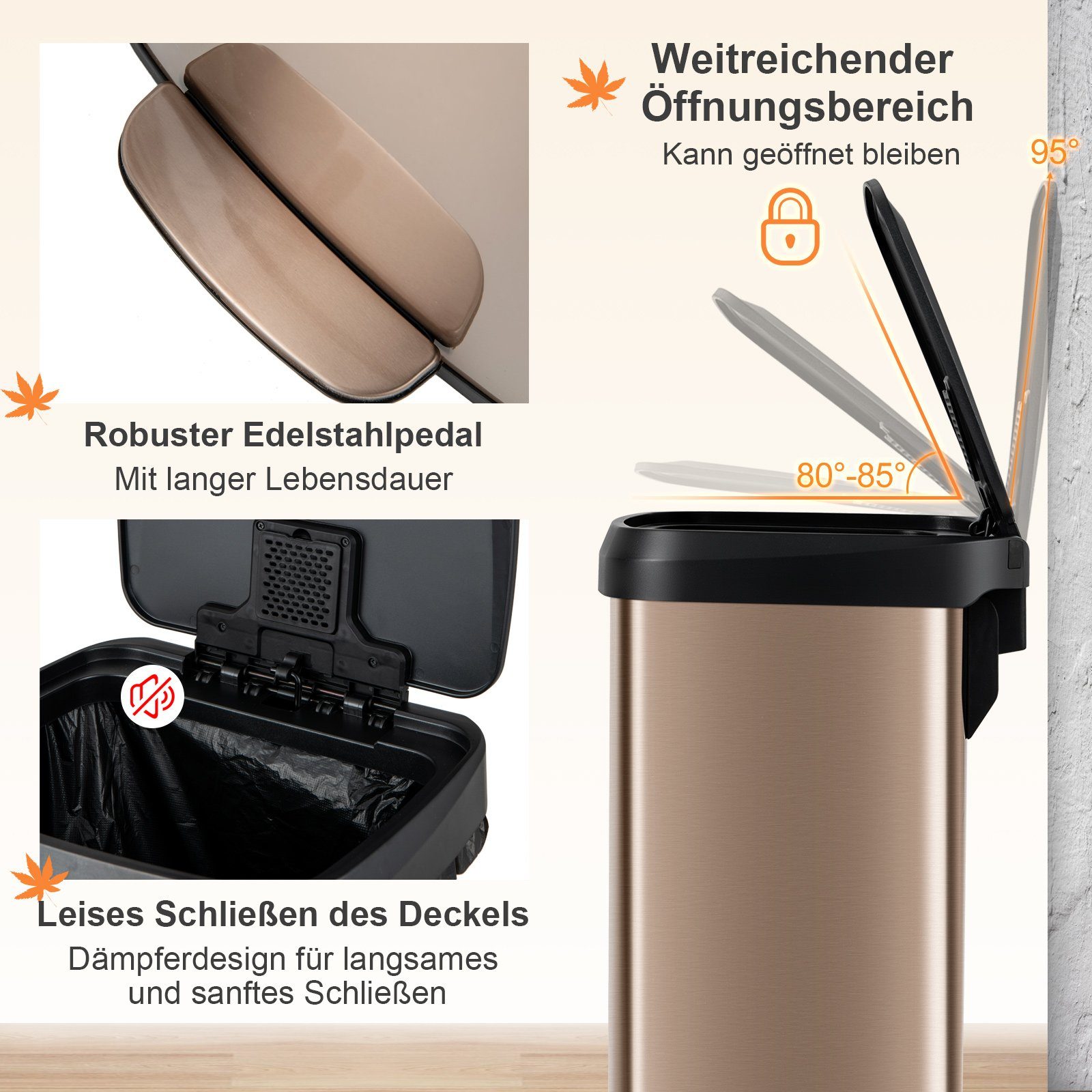 COSTWAY Mülleimer Treteimer, 50L mit sanft schließendem Deckel