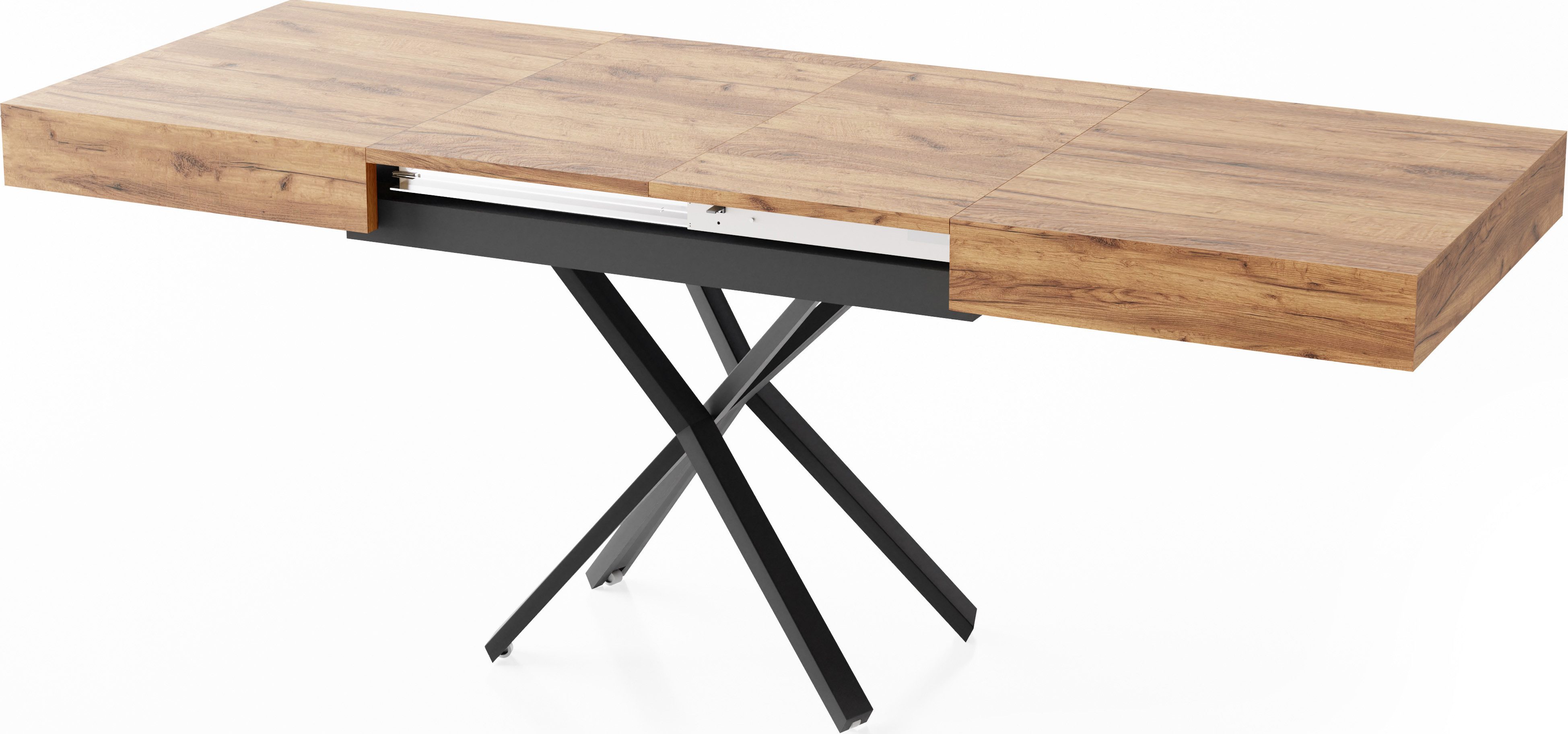 WFL GROUP Couchtisch Cavetta X höhenverstellbar ausziehbar mit schwarzen Metallbeinen (erhältlich in einer Größe – 120x80x27-76 cm, ausziehbar auf 200 cm), industrial Tisch in Holzoptik für Küche, Esszimmer oder Wohnzimmer