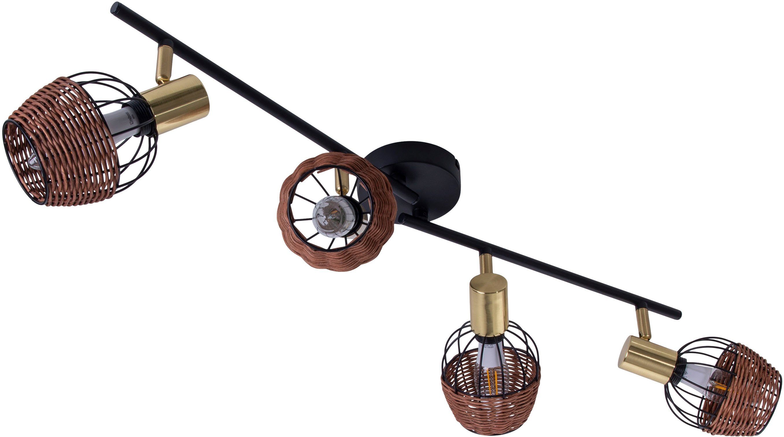 näve Deckenspots Corbis, ohne Leuchtmittel, 4 Пятна excl. E14 max. 40W schwarz/natur/gold Длина 78cm mit Rattan