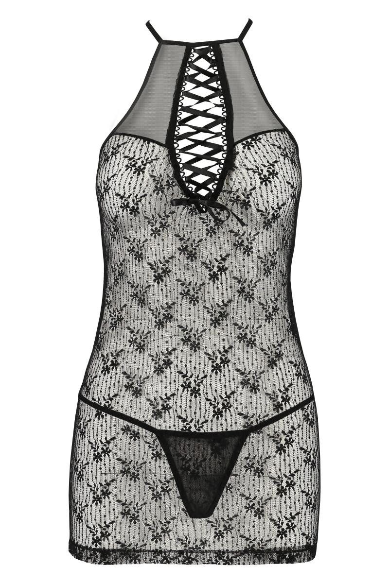 Passion Dessous Negligé Schwarzes transparentes Frauen Dessous Set Chemise und String mit Schn