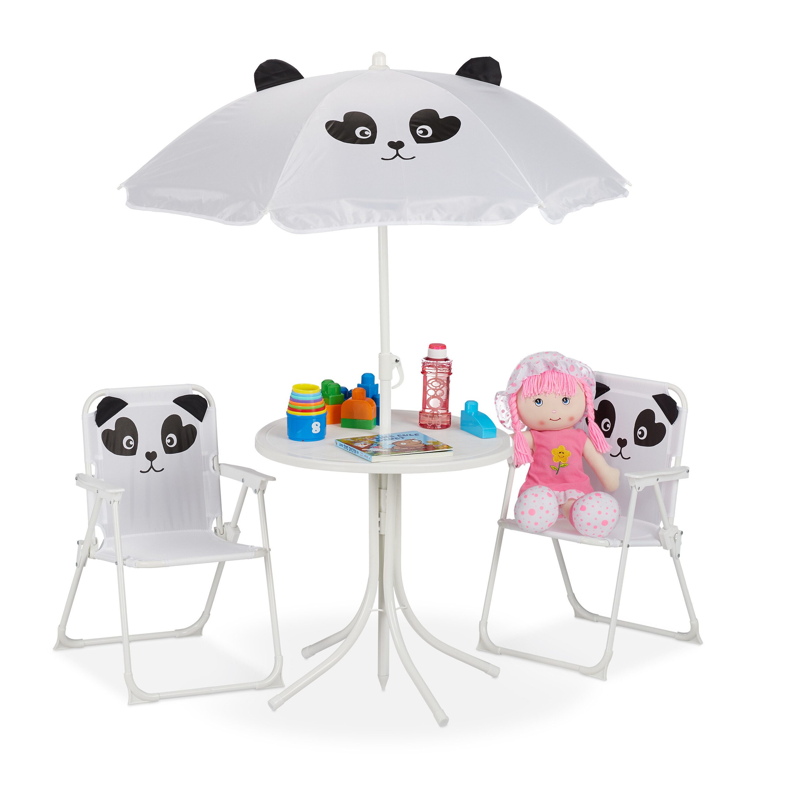 relaxdays Garten-Kindersitzgruppe Camping Kindersitzgruppe mit Schirm, (4-tlg), Panda
