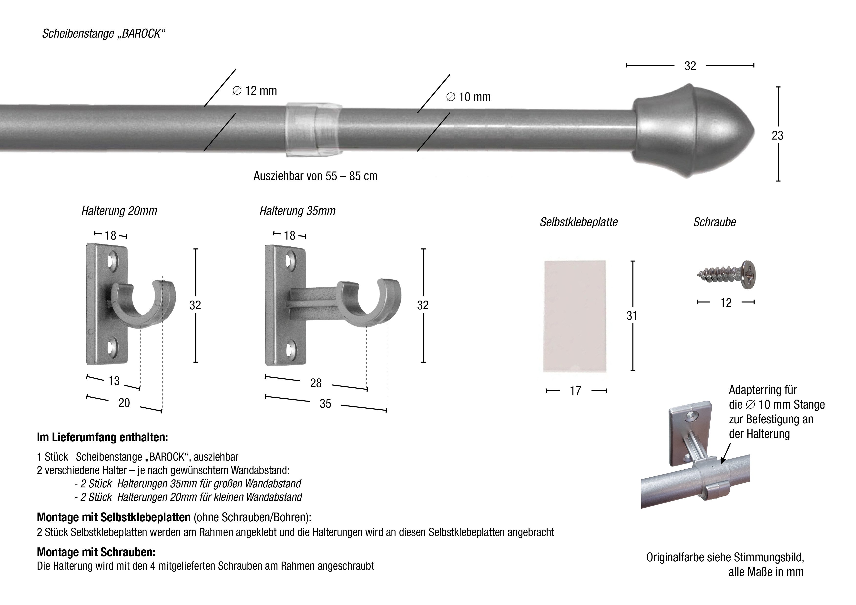 GARESA Scheibenstange BAROCK, Ø 13 mm, 1-läufig, ausziehbar, verschraubt, Montage zum Schrauben oder klemmen, ausziehbar