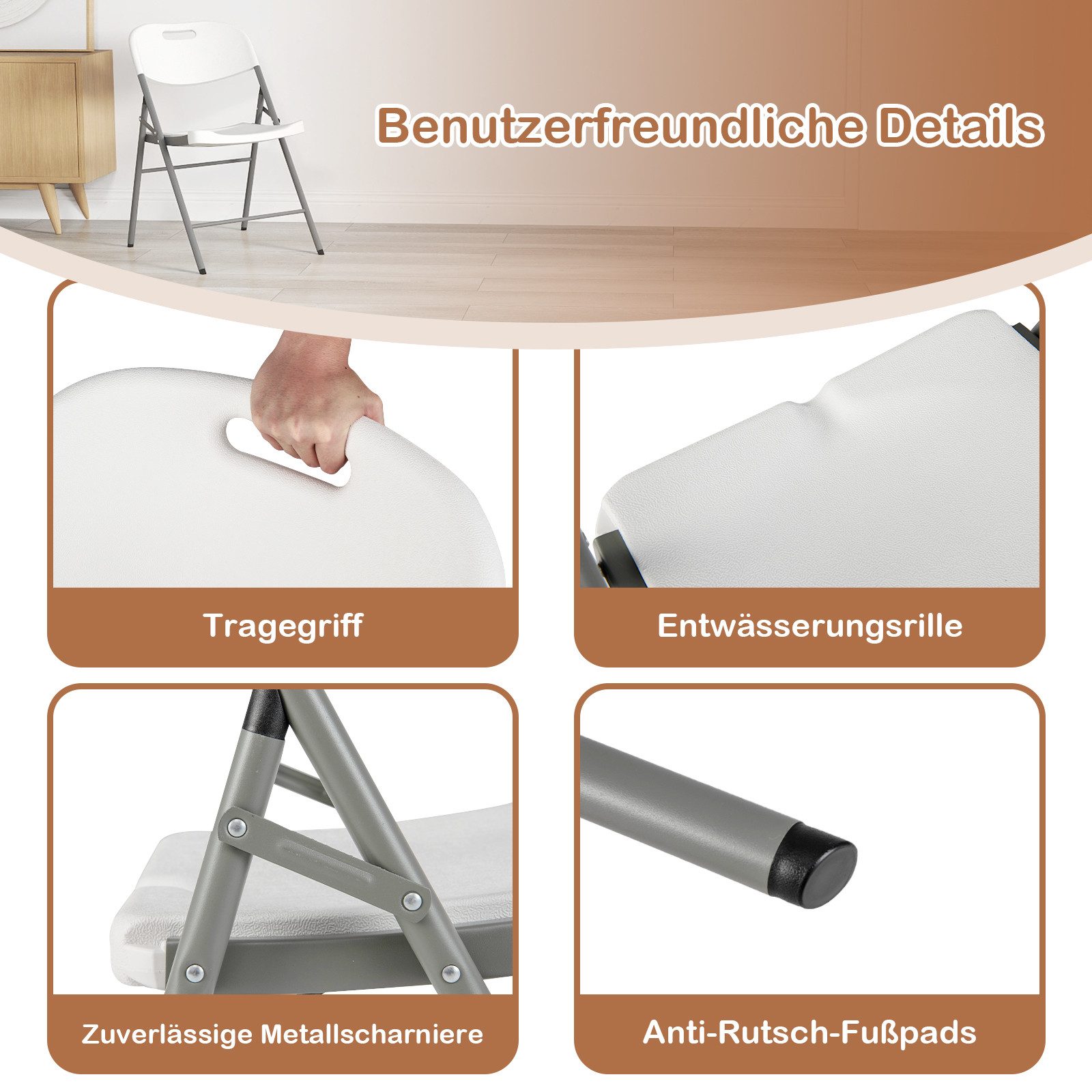 COSTWAY Klappstuhl (4 St), Gartenstuhl, Balkonstuhl, Metall, wasserdicht