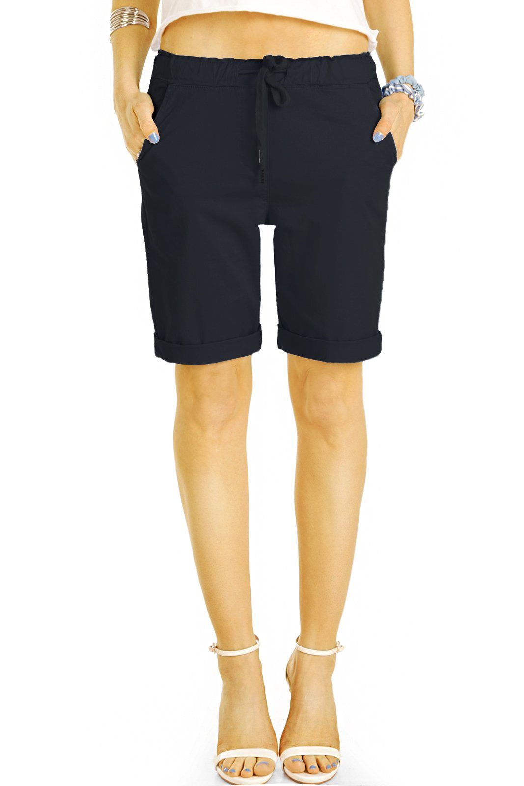 be styled Shorts Chino Stoff Shorts - Kurze lockere Hosen mit Kordelzug - Damen - h28a mit Kordelzug, in Unifarben, mit elastischem Bund schwarz