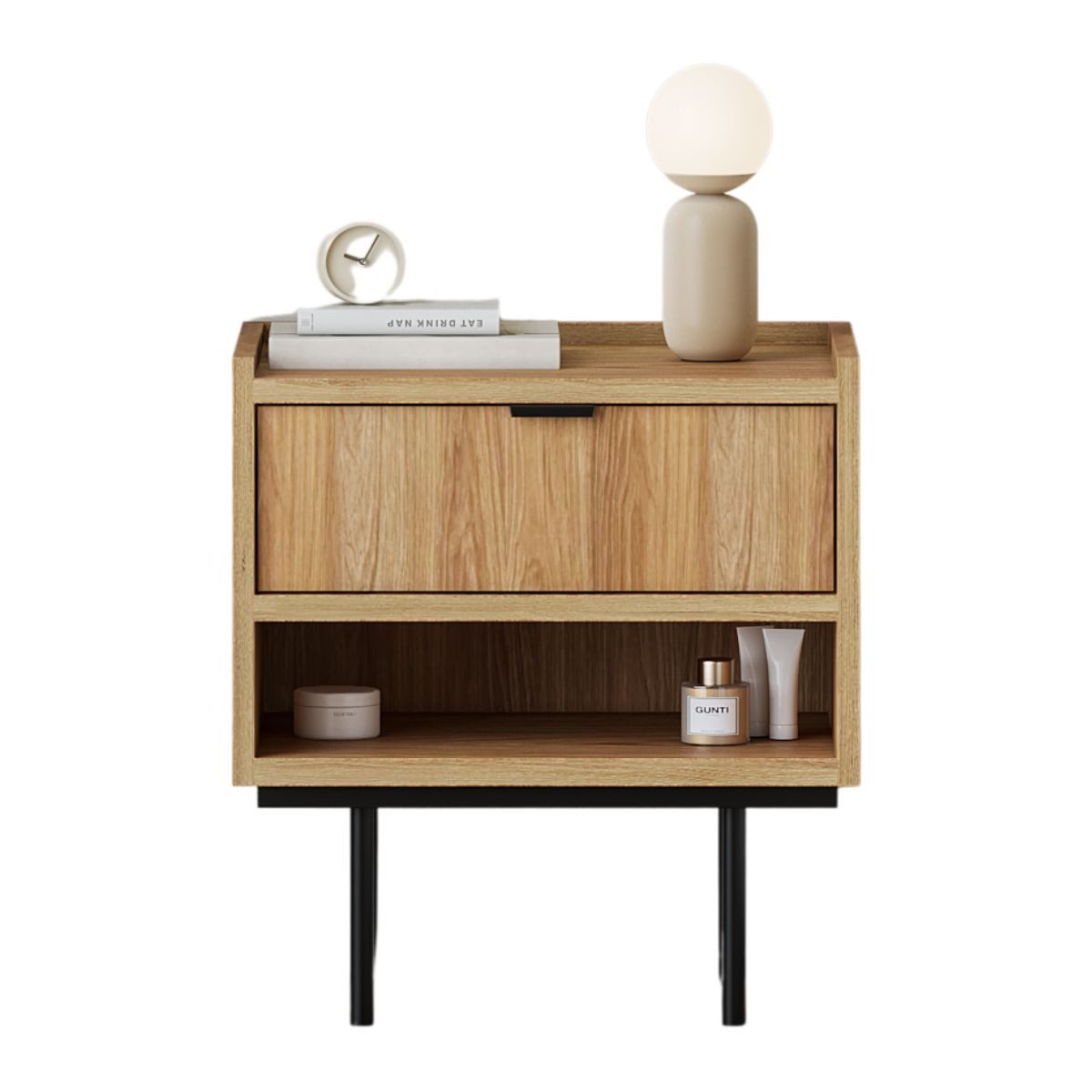 Compleo Nachttisch japandi, Schwarz Metallfüße, Nachtschrank mit Schublade COLGO, Japandi Design