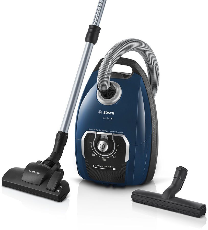 BOSCH Пилосмоки Serie 8 BGB75X494, ideal für Всіrgiker, Hygiene-Filter, blau, 650 W, mit Beutel, inkl. Hartbodendüse, extra langes Kabel, leise