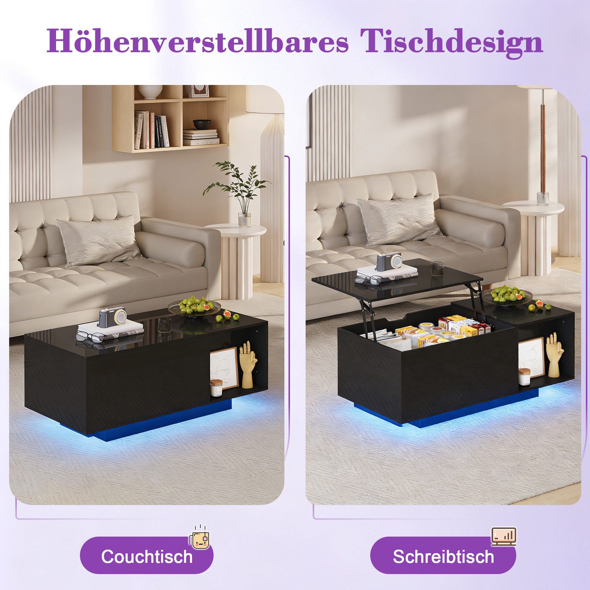 Hyaapwod Couchtisch Höhenverstellbarer Hochglanz-Couchtisch mit LED-Beleuchtung (1-St)
