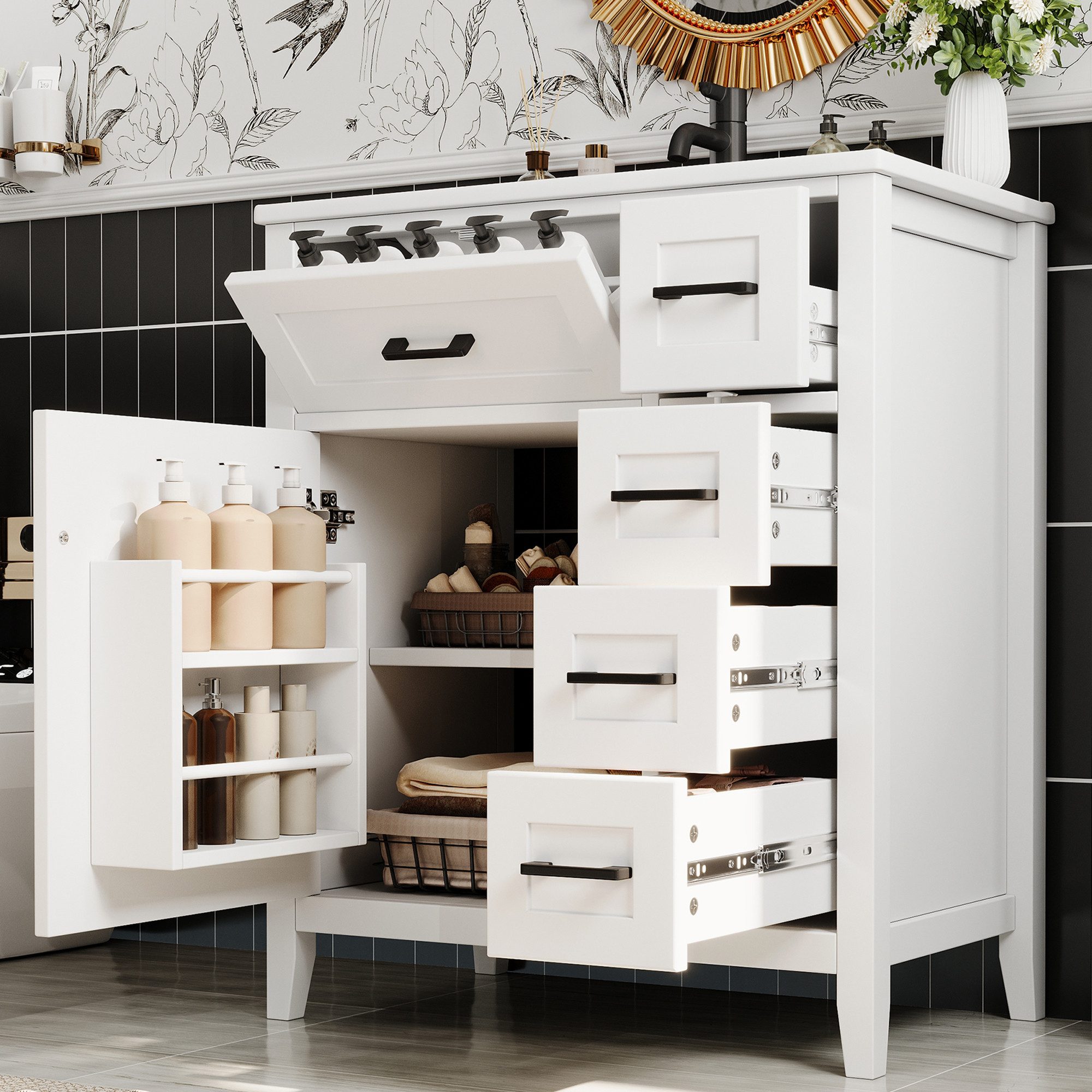 Waschtisch Badschrank Badkommode mit Schubladen & Keramikwaschbecken