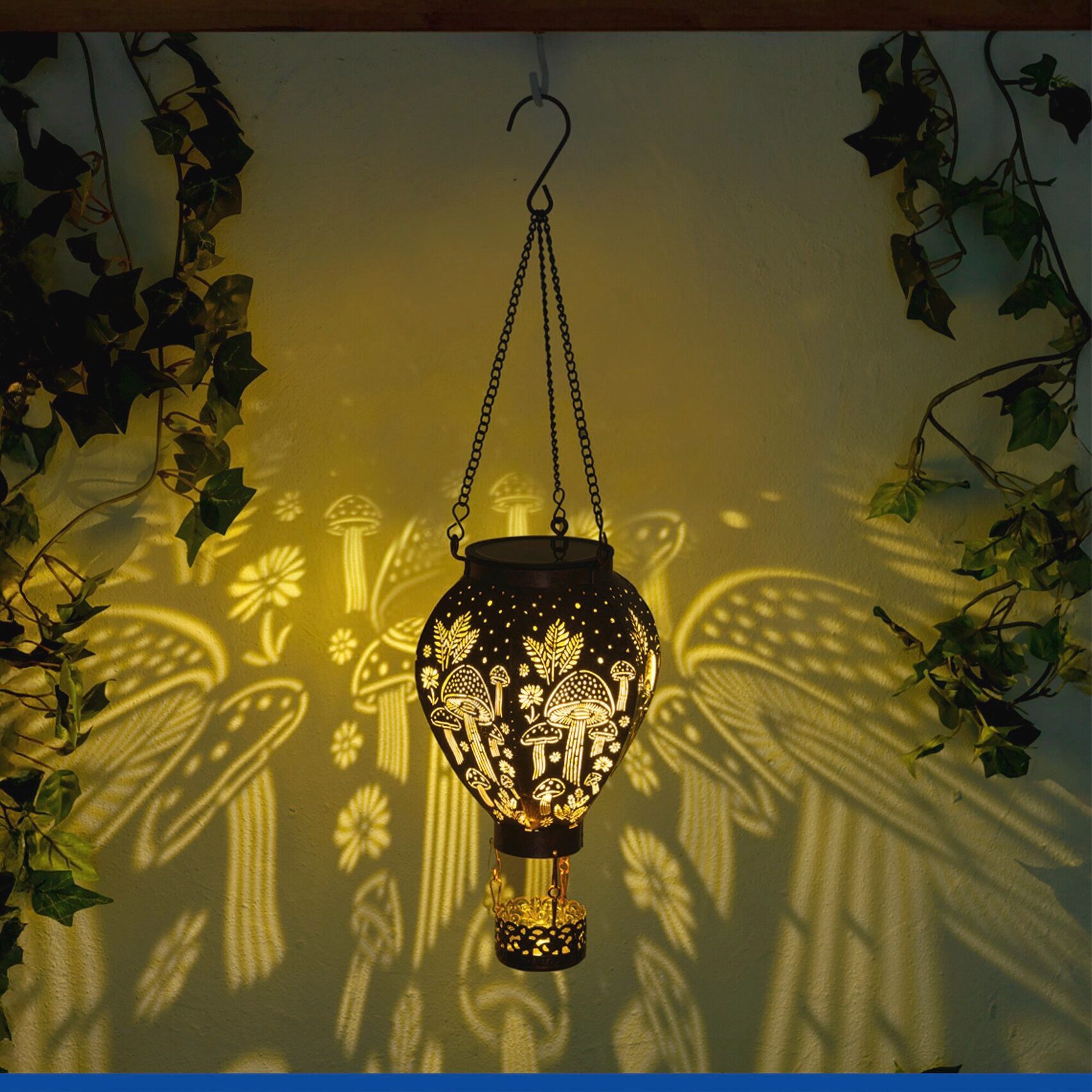 Maximex LED Gartenleuchte Modell Heißluftballon, Ein-/Ausschalter, LED fest integriert, Warmweiß, Solar-Ballon in Bronze-Optik mit Pilzmuster-Lichtprojektion
