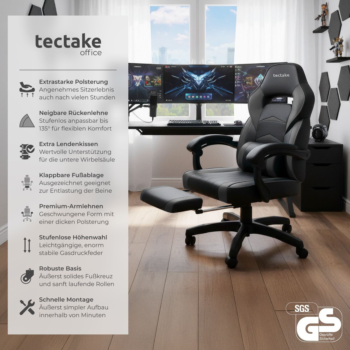 tectake Gaming-Stuhl Racing Bürostuhl (Set, 1 St), Dicke Polsterung mit strapazierfähigem Kunstlederbezug