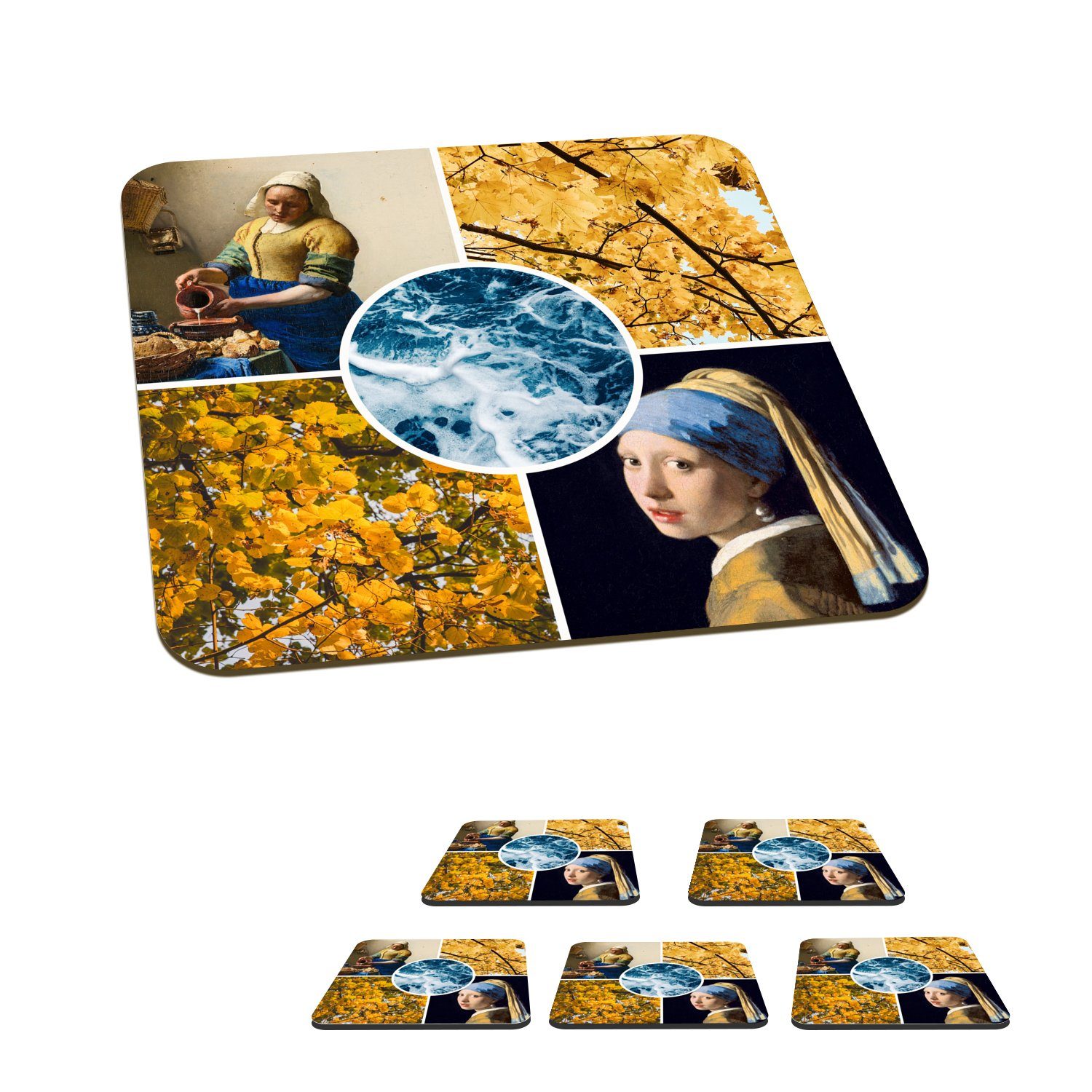 MuchoWow Glasuntersetzer Vermeer - Collage - Kunst, Zubehör für Gläser, 6-tlg., Glasuntersetzer, Tischuntersetzer, Korkuntersetzer, Untersetzer, Tasse