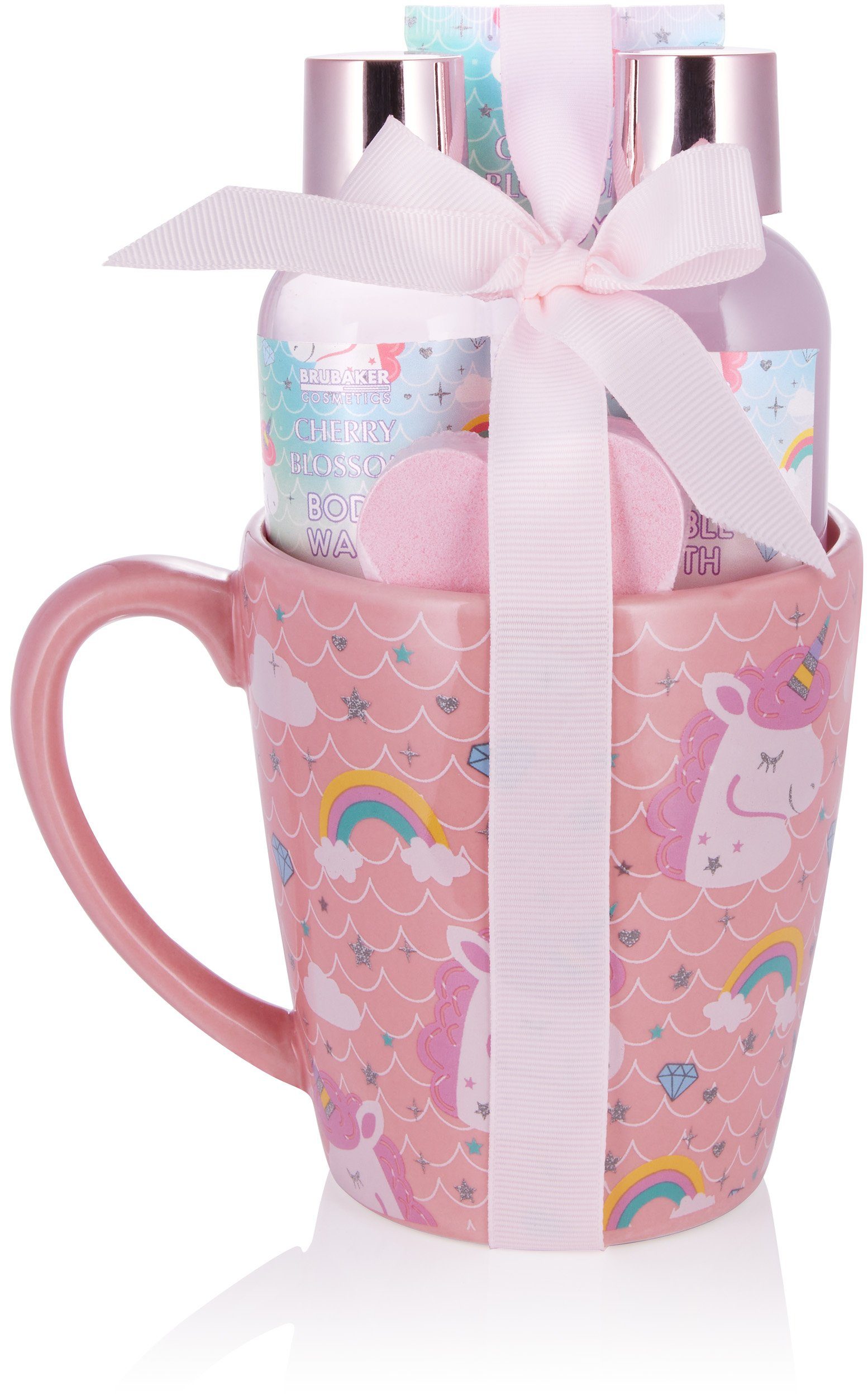 für Wellness Geschenkset Dusch- Damen Becher, 5-tlg., Hautreinigungs-Set Einhorn Frauen BRUBAKER Kaffeetasse, Kirschblüten in XXL und Badeset Mädchen Einhorn und mit Pflegeset Duft, Beauty Set in